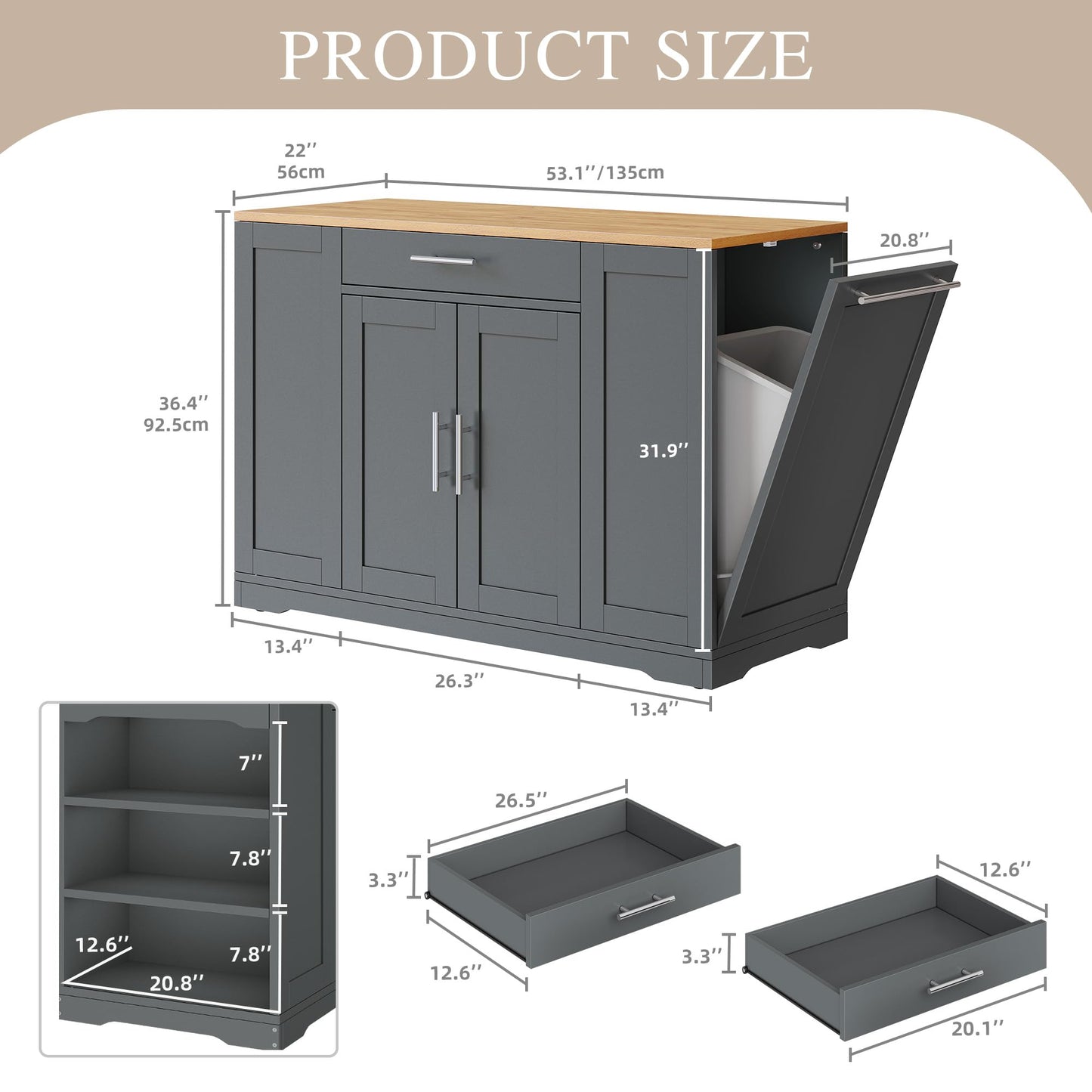 DWVO Large Kitchen Island with Trash Can Cabinet, 53 Inch Kitchen Island on Wheels, Rolling Island with Tilt-Out Garbage Storage Fits 13 Gallon Bin, Spice Rack and Drawer, for Dining Room, Gray