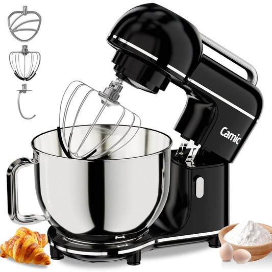Camic Electric Stand Mixer,7.45 QT,10 Speeds with Dough Hook,Whisk, Flat Beater Attachments, Splash Guard, Easy-Carry Top Handle,3-IN-1 Kitchen Mixer for Baking Cakes Cookie Bread Salad (Black)