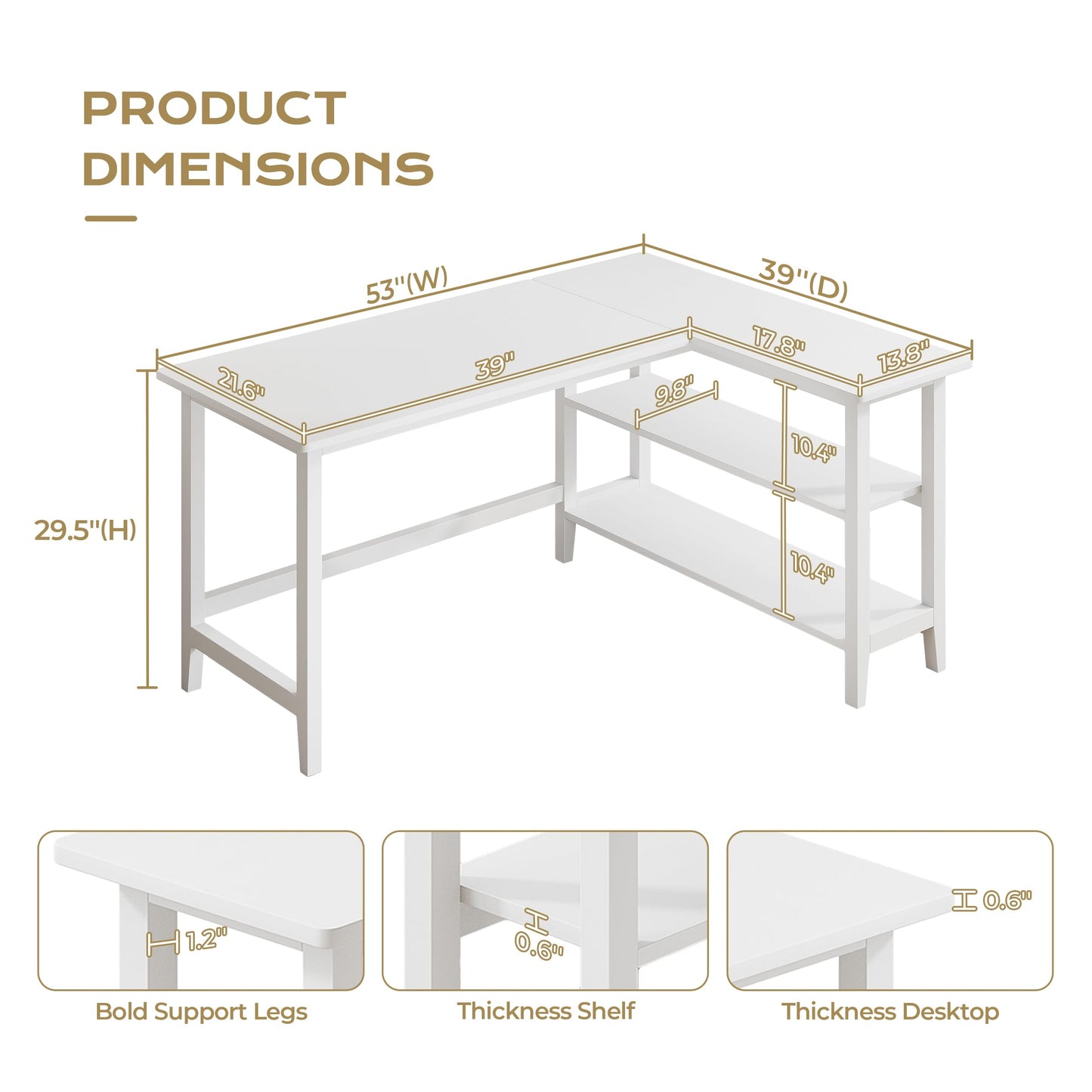 IOTXY Reversible L-Shaped Office Desk - 53" Modern Corner Computer Table with Storage Shelves, Solid Wood Legs, Home Writing & Study Workstation, White