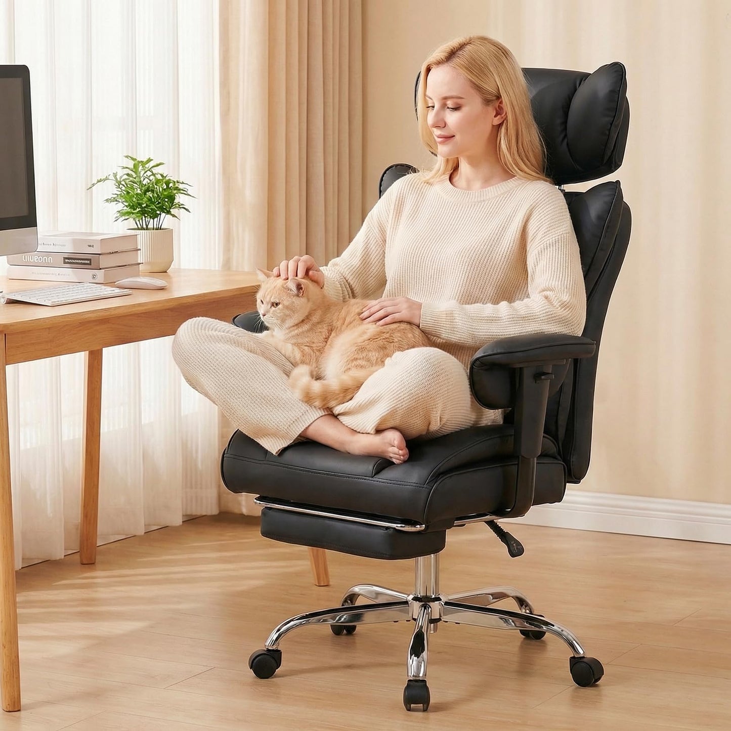 DUMOS Big and Tall Home Office Desk Chair, Gaming Computer Chair, Executive Ergonomic Chair with Footrest, High Back Reclining, Adjustable Armrests and Comfy Lumbar Support, PU Leather, Black