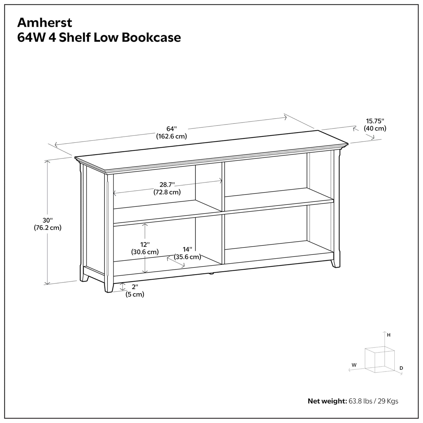 SIMPLIHOME Amherst Bookcase 30 in Tall 4-Shelf Solid Wood Low Bookshelf in Hickory Brown, Transitional Storage Console for Living Room, Entryway or Home Office with Adjustable Shelves & Tapered Legs