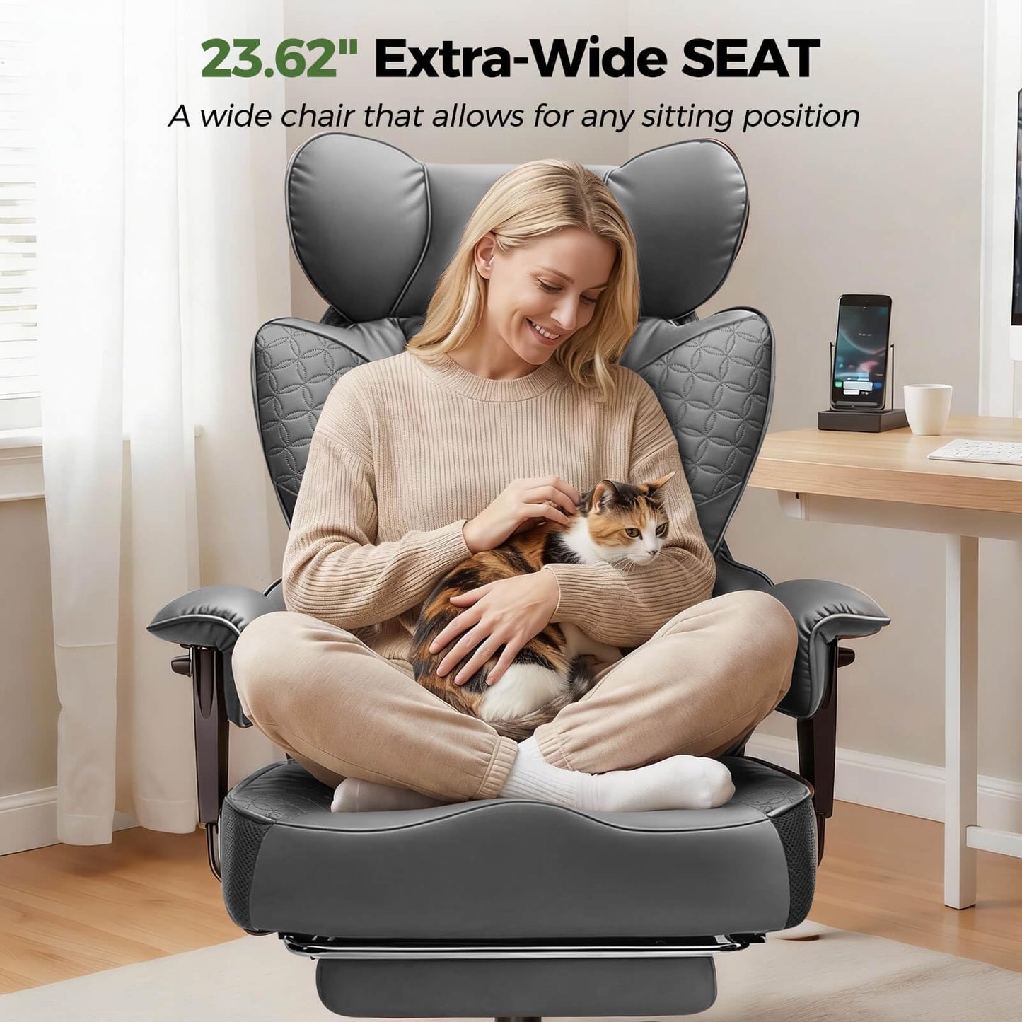GTPOFFICE Big and Tall Office Chair 400LBS Wide Seat Computer Gaming Chair with Footrest & Comfy Lumbar Support, Leather High Back Executive Chair with Ergonomic Pressure Relief Seat Cushion, Gray