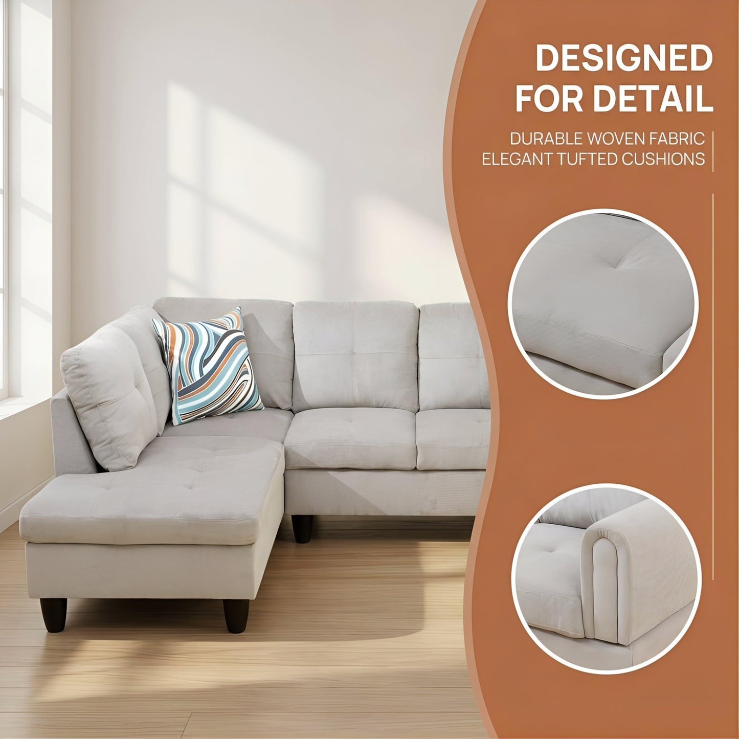 NicBex Comfy Couches for Living Room, 2-Piece 97" L-Shaped Sectional Couch with Movable Chaise, Modern Sofa Living Room Set for Apartment, Office & Bedroom, Grey White