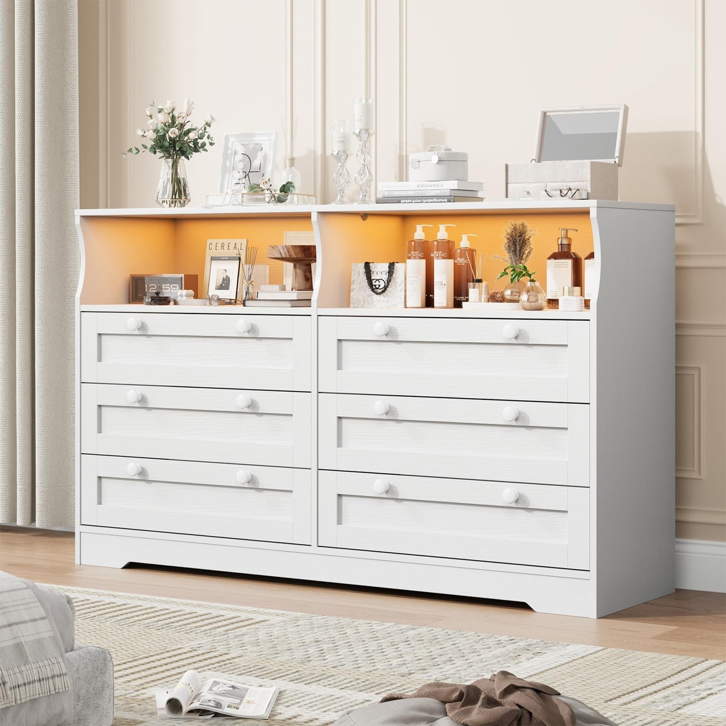 IDEALHOUSE 55" 6-Drawer Dresser for Bedroom – Wood Chest with Charging Station, LED Lights & 2 Storage Compartments, Modern TV Stand for Living Room & Hallway, White