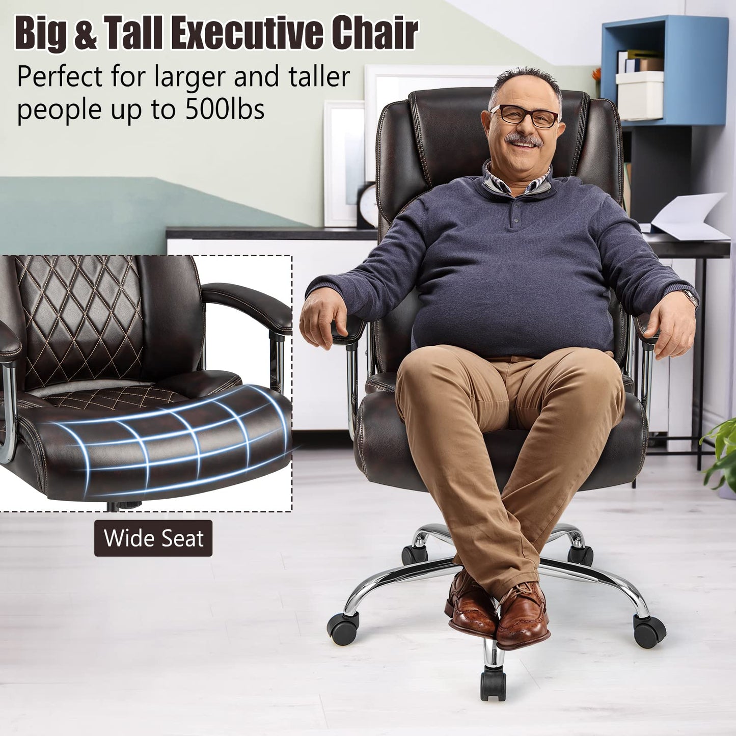 Giantex Big and Tall Office Chair 500 LBS, High Back Executive Office Chair for Heavy People, Adjustable Swivel Desk Chair, PU Leather Computer Chair with Extra Wide Seat for Home Office, Brown