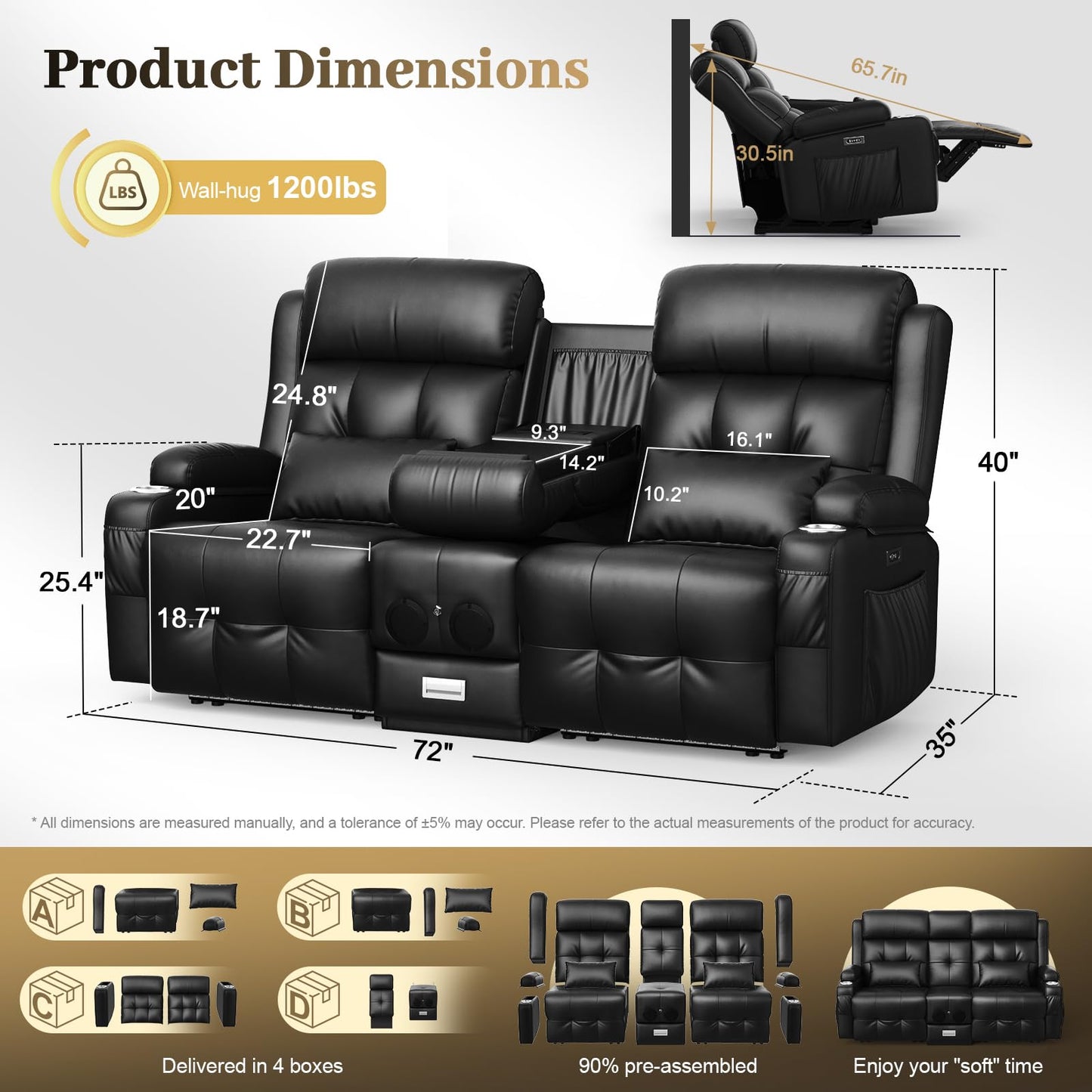Aotolo Power Reclining Loveseat Sofa with Console, Wall Hugger RV Recliner Couch, Home Theater Seating with Heating & Massage, Bluetooth Speaker, LED Light, USB & Type-C Ports, Storage Armrests