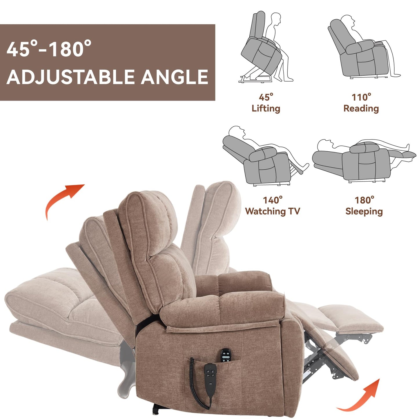 KEIKI Chenille Electric Power Lift Recliner Chair with Heat Massage, Hidden Cup Holders & Timer Function, Elderly Lazy Boy Sofa Seating for Home Theater, Infinite Position, Dual Motor, Up to 350 LBS