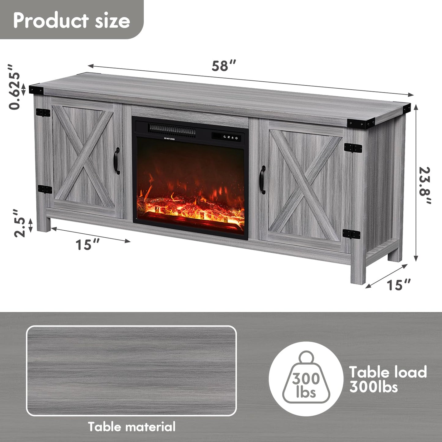YESHOMY Fireplace TV Stand with Two Barn Doors and Storage Cabinets for Televisions up to 65+ Inch, Entertainment Center Console Table, Media Furniture for Living Room, 58 Inch, Gray