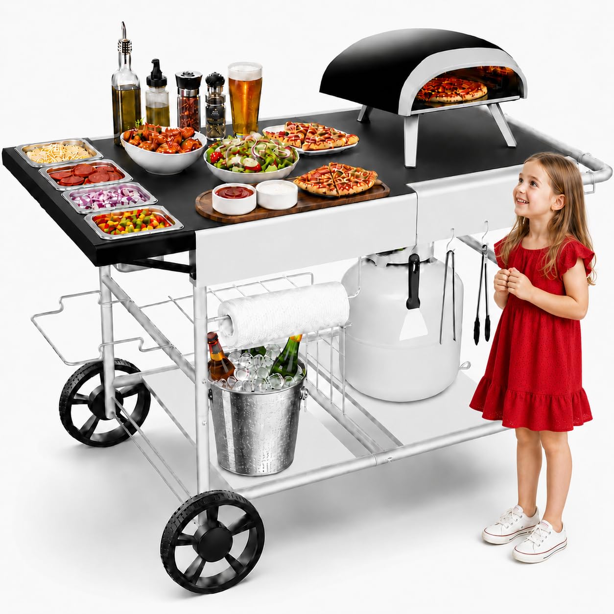 GRILL FORCE 50"x 25" Pizza Oven Table,Outdoor Pizza Cart with Topping Station Grill Table Stand with Wheels for Ninja, Blackstone Griddle, Ooni, Gozney, Cuisinart.
