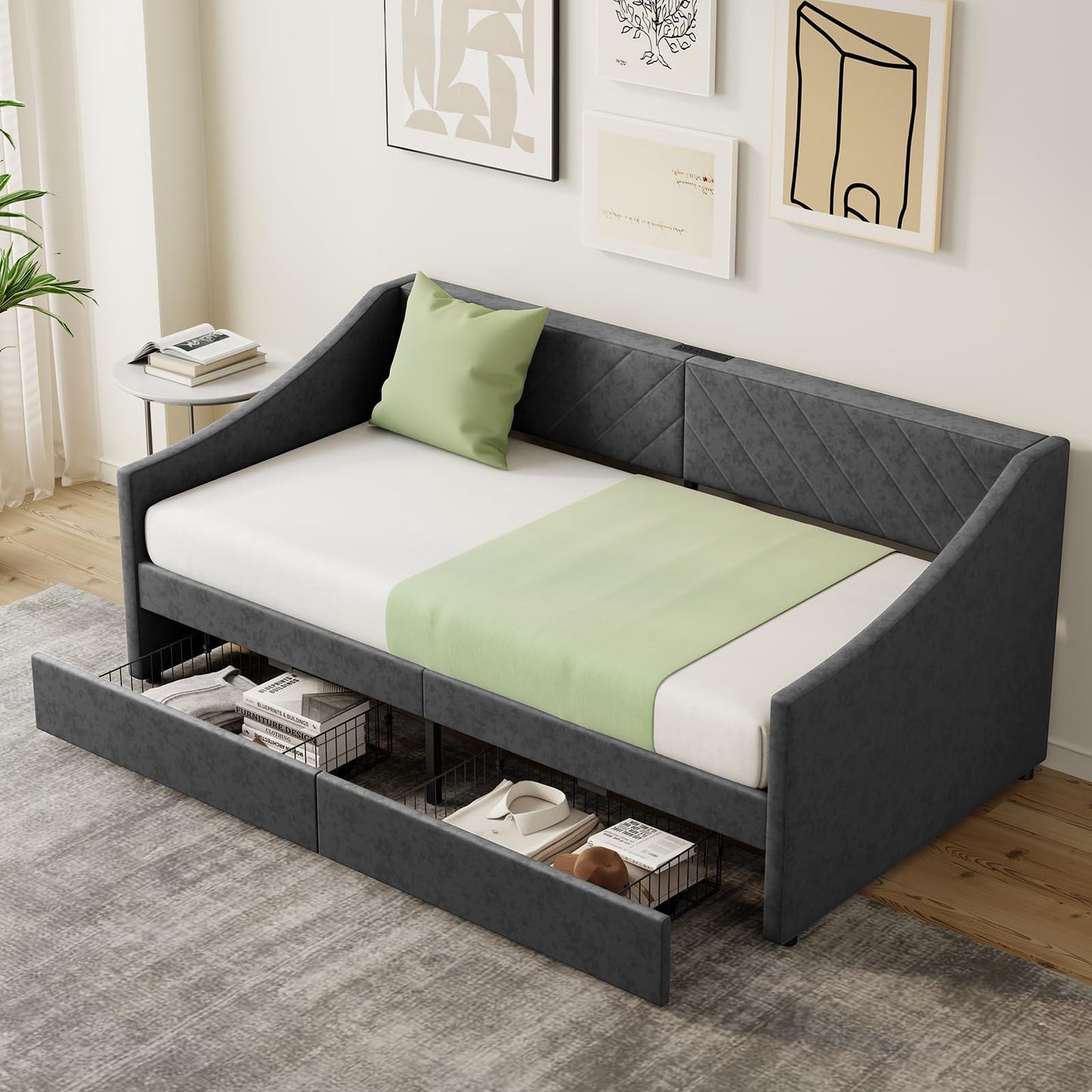 Mashomdec Twin Size Daybed with 2 Storage Drawers, Upholstered Daybed Frame with Charging Station, Heavy Duty Sofa Bed for Bedroom, Living Room, No Box Spring Needed,Easy Assembly