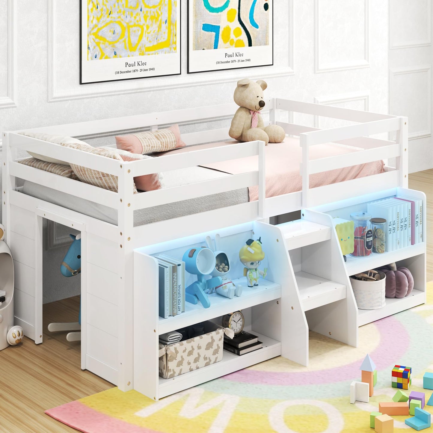 KOMFOTT Low Loft Bed with LED Light & 2 Bookcases, Wood Kids Twin Bed with Under-Bed Play Space, Stairs & Guardrails, No Box Spring Needed, Modern Low Loft Bed Frame, White