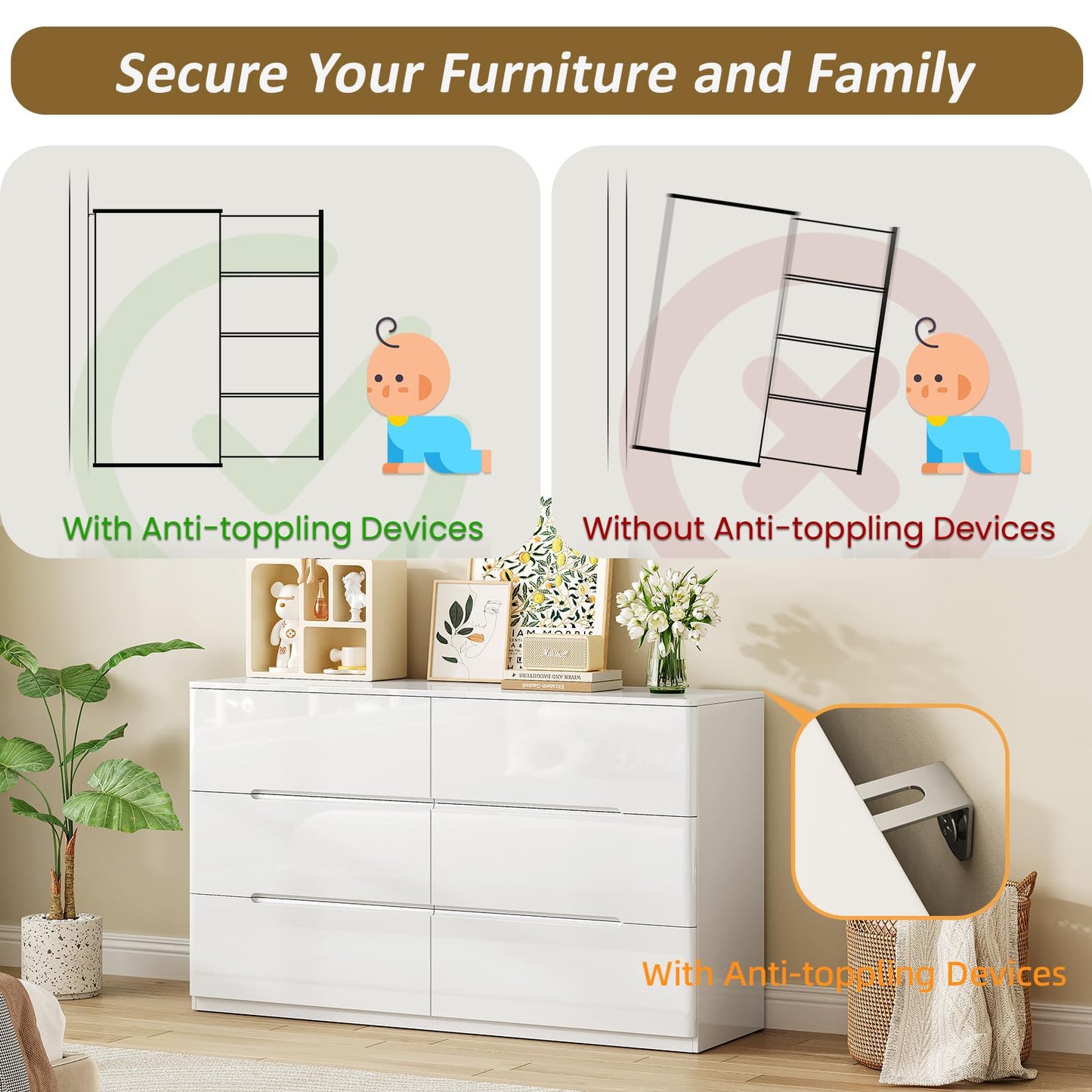 ZORPLIX White Wood Dresser, 6 Drawer Dressers for Clothes Storage for Bedroom, Modern Dresser with Wide Drawers, Wide Wooden Chest Drawers for Living Room, Entryway, TV Stand