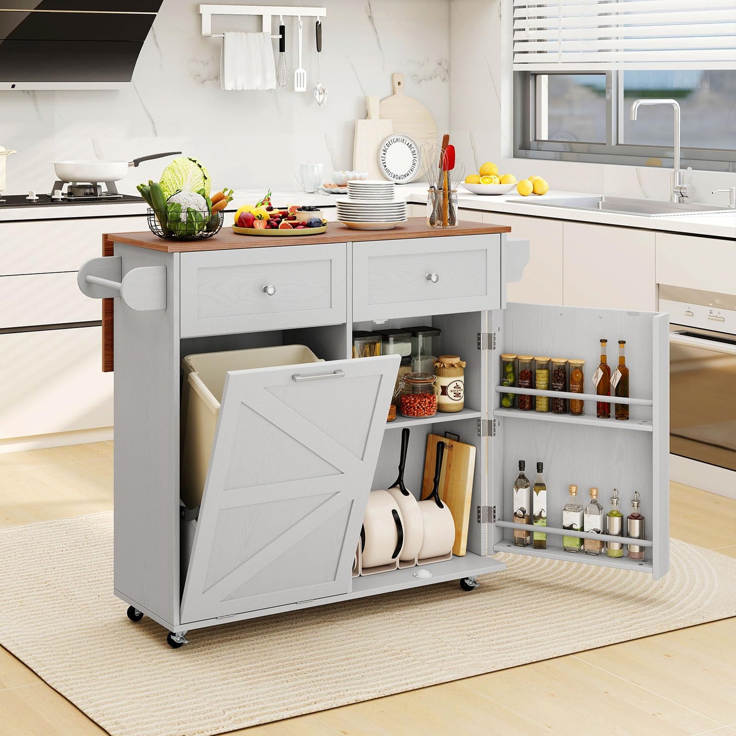Giantex Kitchen Island Cart with Hidden Tilt Out Trash Can Cabinet, Drop Leaf, 2 Drawers, Towel Rack, Rolling Mobile Breakfast Bar Table, Wood Kitchen Storage Cart on Wheels (Grey & Natural)