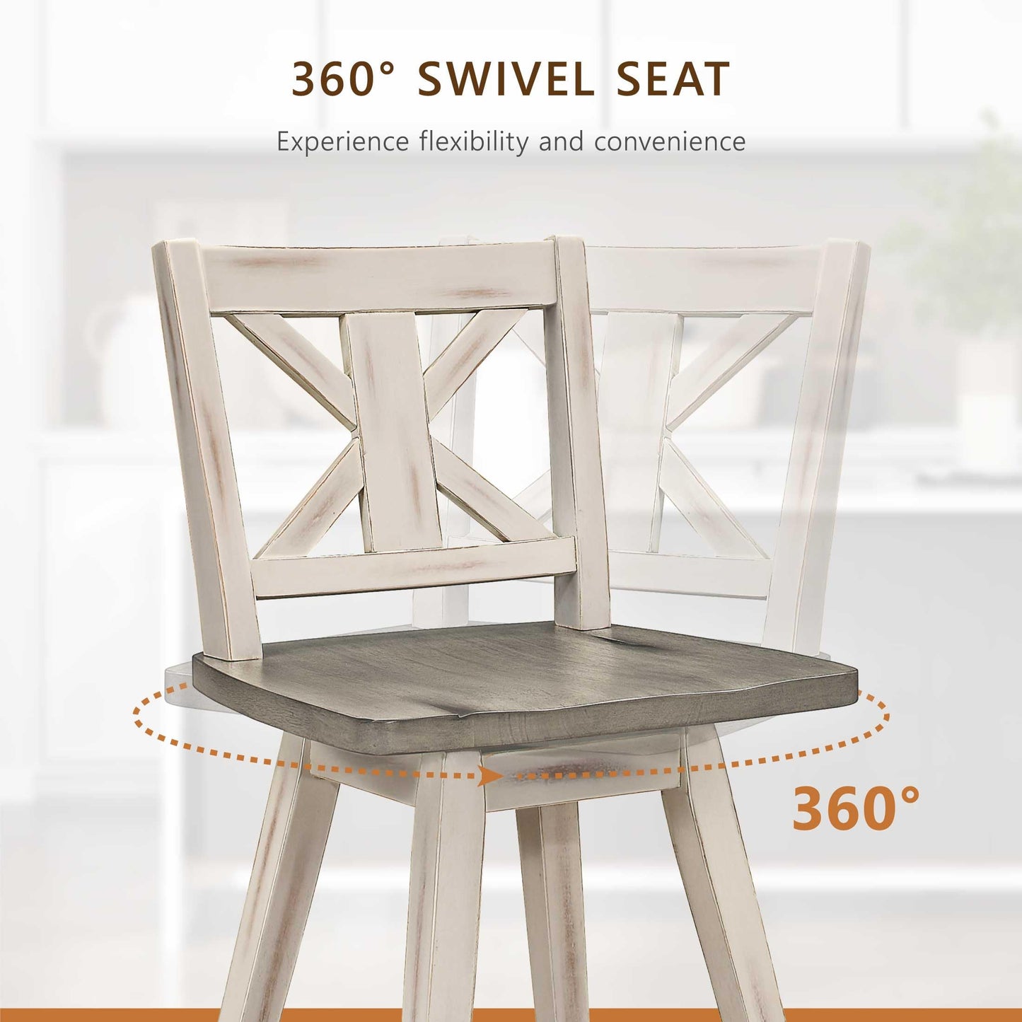 Lexicon Counter Height Stools Set of 2-Solid Wood Frame 360° Swivel Wooden Stools, Foot Rest, X Back, Wide Seat, Distressed Farmhouse Easy to Clean Finish, 24" SH, Antique White/Grey