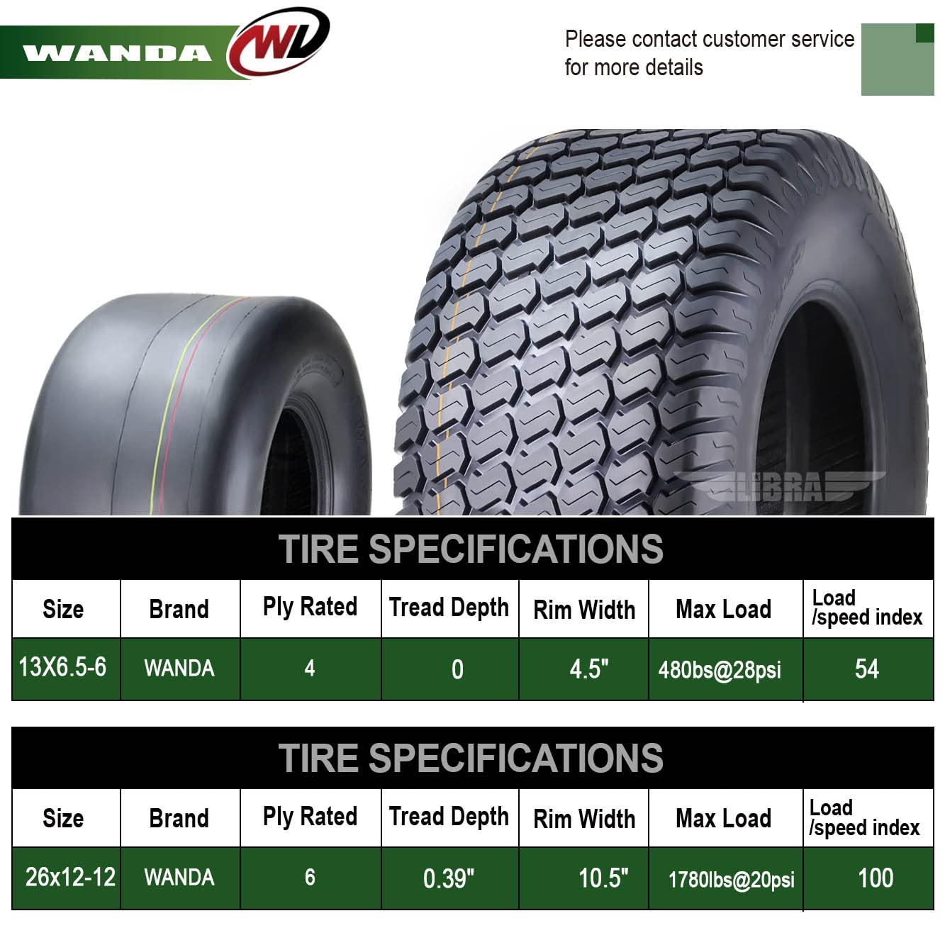 WANDA Set 4 13X6.5-6 & 26X12-12 Zero turn Lawn Mower Tractor Cart Turf Tires 4 Ply-13207/13056