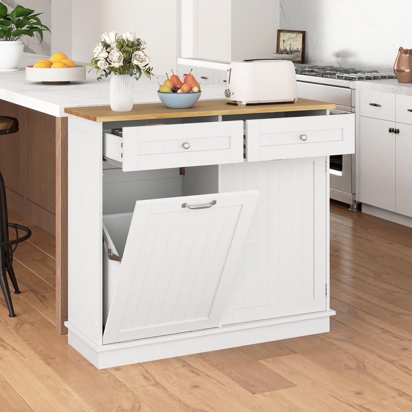 Giantex Tilt Out Trash Can Cabinet, Kitchen Island Table w/Solid Wood Top, 2 Drawers, Adjustable Shelf for Hidden Laundry Hamper, Pet Proof Garbage Can for Dining Living Room (White, 14.5 Gal)
