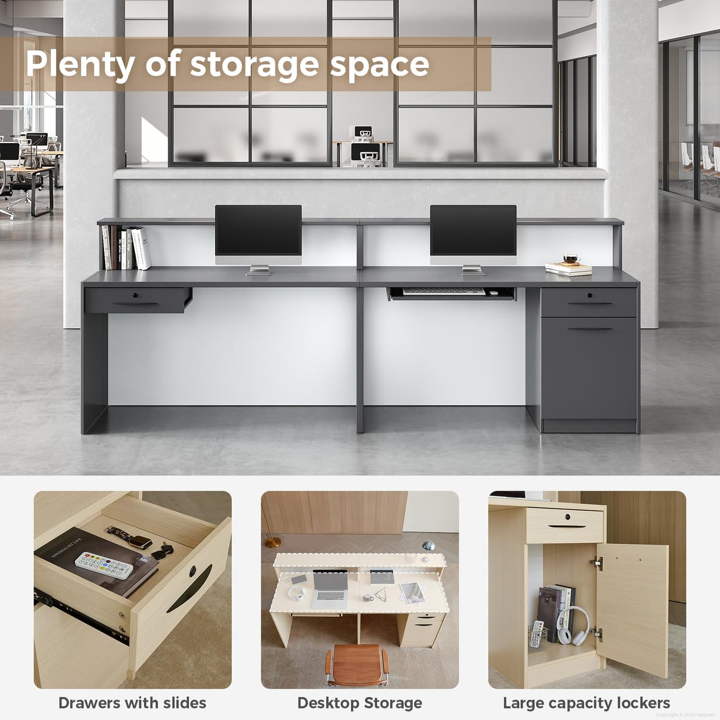 Modern Reception Desk with Counter, LED Light, Lockable Drawers, and Storage Shelves for Office, Spa, Salon, or Retail Store (Gray, 87" L*24" W*40" H)