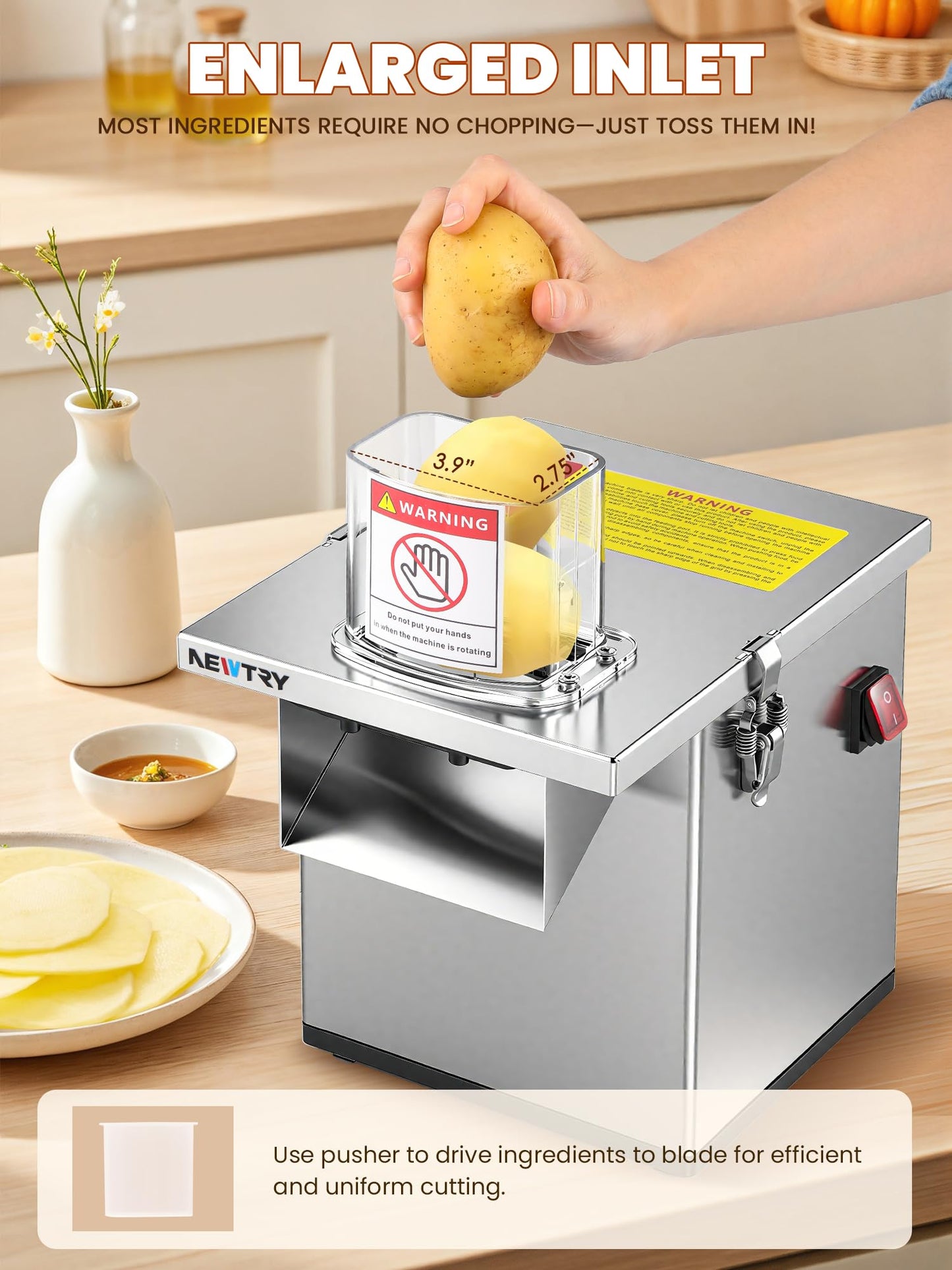 NEWTRY 4 in 1 Commercial Vegetable Processor Electric Veggie Fruit Slicer Dicer Shredder & Strip Crinkle Cutter All Stainless Steel 110volt 200W