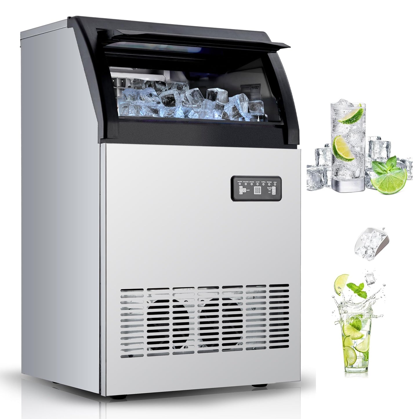 Commercial Ice Maker Machine with 120lbs/24H Production, 33lbs Ice Storage, Freestanding Stainless Steel Under Counter Design, Automatic Cleaning Function, for Home, Bar, Cafe, Restaurant