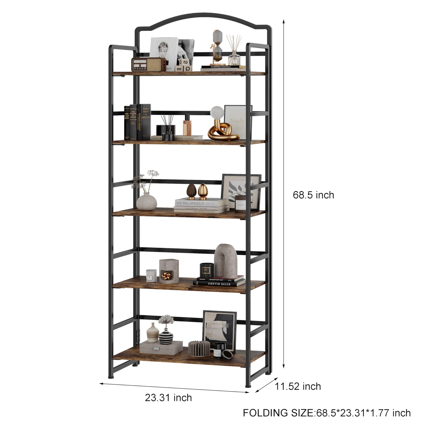 JSB 5 Tier No Assembly Folding Bookshelf, Arched Bookshelf, Foldable Bookcase for Living Room, Bedroom, Office,Skinny Bookshelf (Fire Brown)