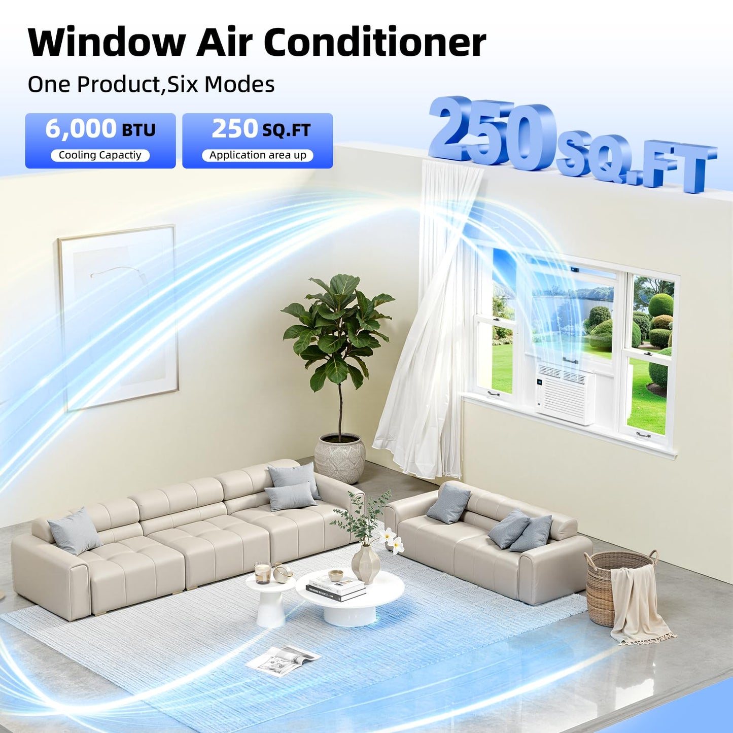 Antarctic Star 6,000 BTU Window Air Conditioner, Window AC Unit, Cools Rooms up to 250 Sq.Ft., 6 in 1 Modes Air Conditioner Window Unit with Remote Control, Easy to Install, Energy Saving, White