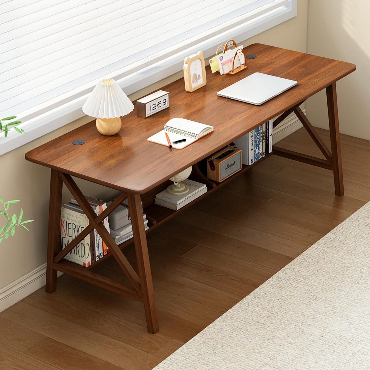 NELYE Extra Long Desk with Bookshelf - Wooden Home Office Work Study Table, 2-Person Writing Computer Workstation with Storage Shelf in Walnut, 63" Wx24 Dx30 H