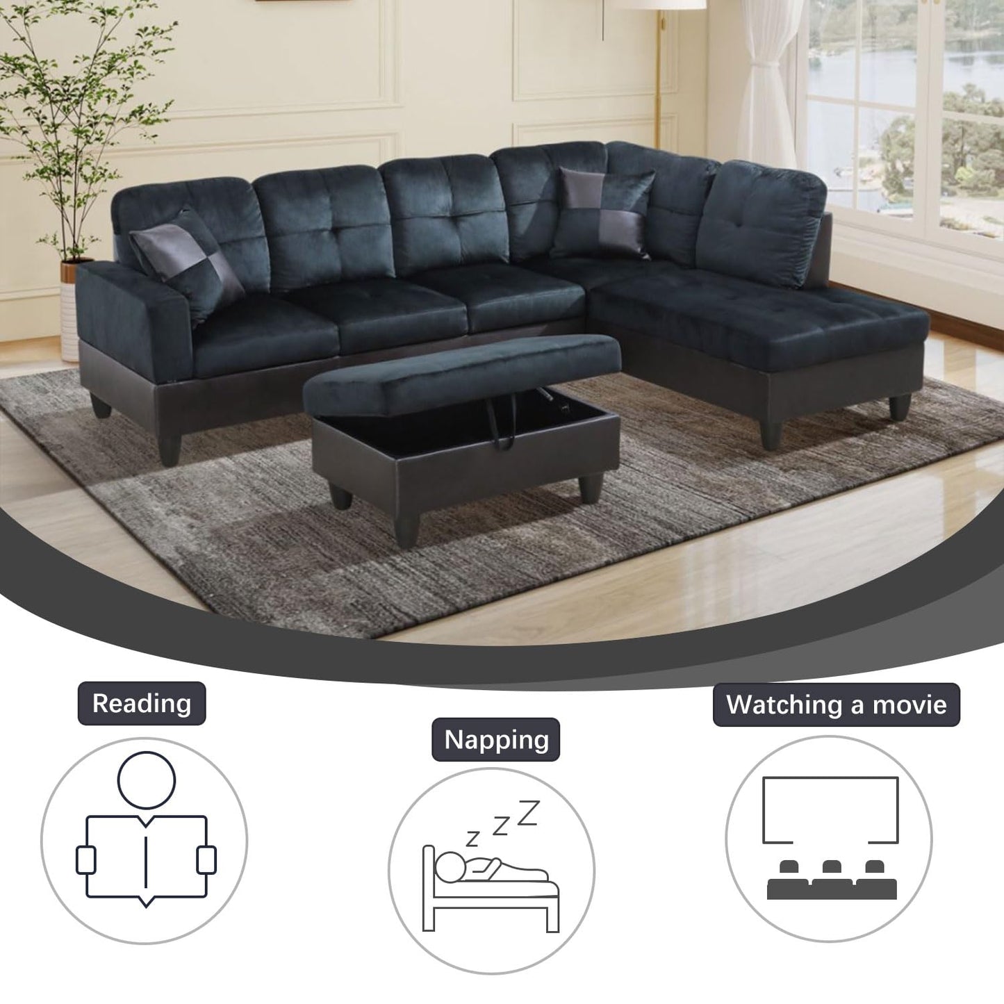UOCFYK L-Shaped 3-Piece Lint and PVC Sofa with Storage Ottoman Set, Sectional Couch Sofa Set for Living Room, Office, Small Space, Dark Blue and Brown