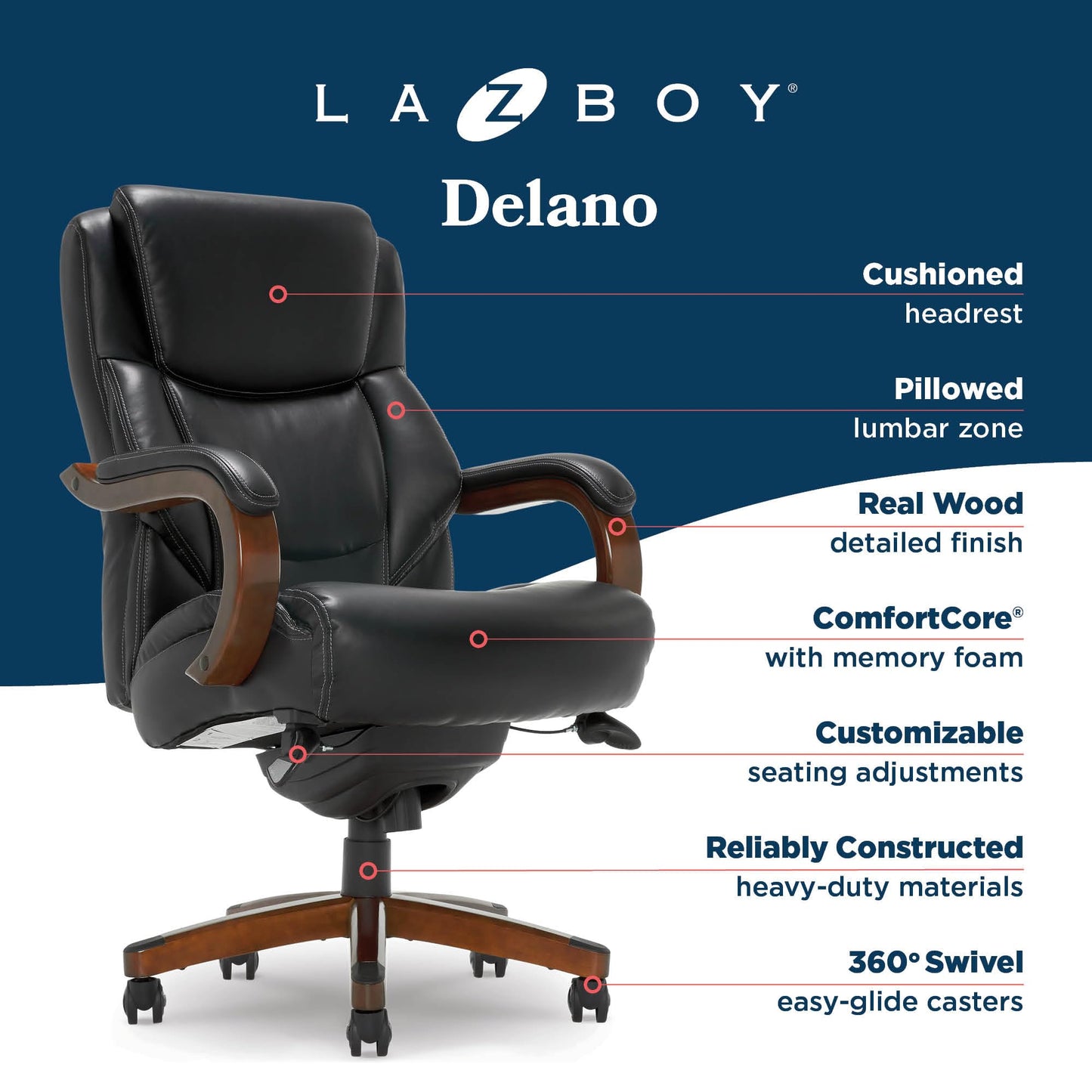 La-Z-Boy Delano Big and Tall Executive Office Chair - Ergonomic Lumbar Support Memory Foam - Bonded Leather Desk Chair for Home Office - Mahogany Wood Arms - Black