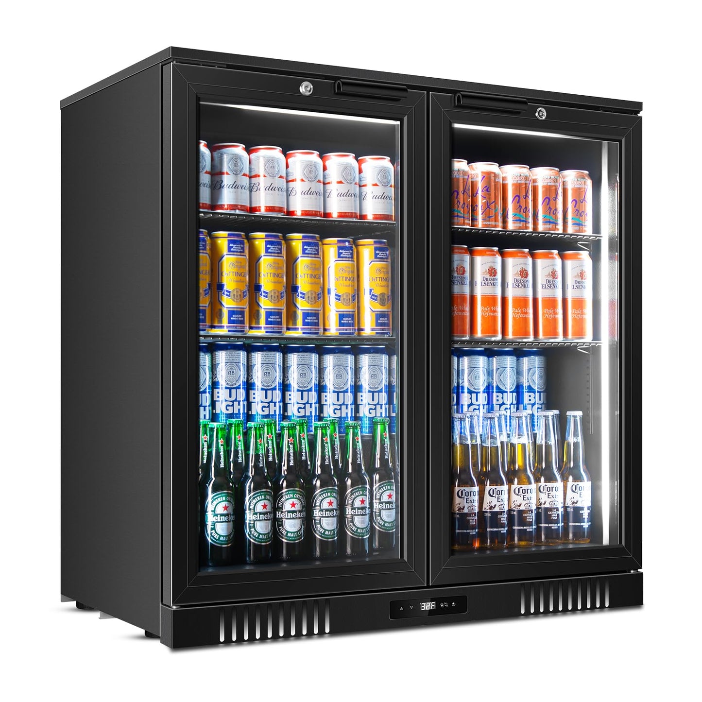 Tylza Back Bar Cooler With 2 Glass Doors, 7.2 Cu.Ft Under Counter Back Bar Refrigerator with LED Lighting, Safety Locks, Counter Height Bar Beverage Cooler for Beer, Soda Drinks, Wine, Black