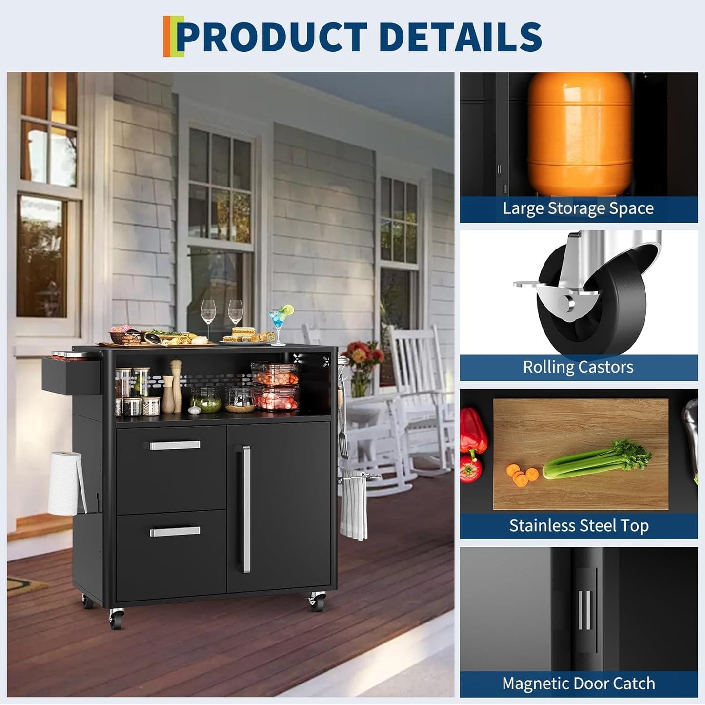 Mobile Outdoor Kitchen Cart - Premium Stainless Steel Prep Table with Single Door & Dual Drawers - Rolling BBQ Station w/ 2 Locking Wheels for Grilling & Serving