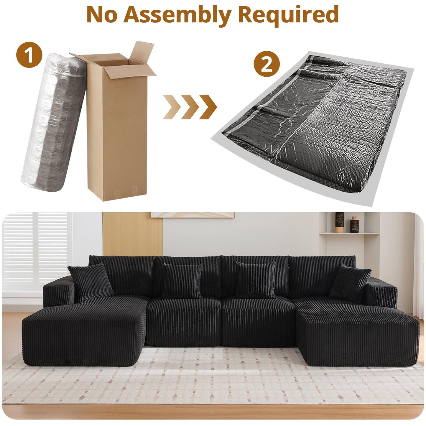 137" Modular Sectional Sofa, U-Shape Cloud Couch with Chaise, Deep Seat, Armrests and Plush Corduroy Fabric, No Assembly Required, Boneless Compression Sectional Couch for Living Room, Black