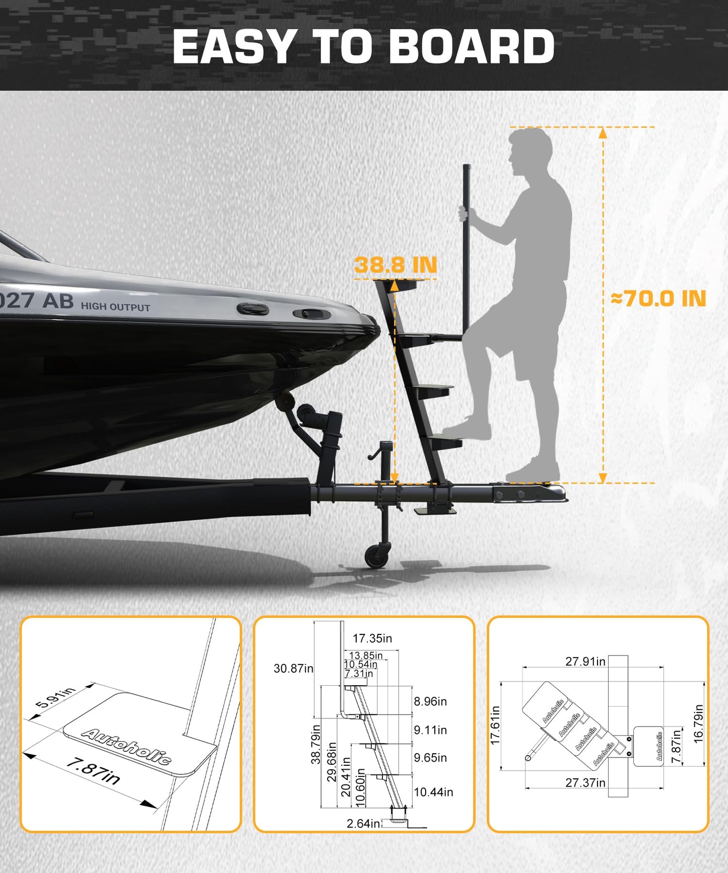 Autoholic Boat Trailer Step 5 Step with Handle Non-Slip Step Fit for Trailer Tongue Safer Easier for People of All Ages Board Boat Trailer Stability Reduce Slip Glow in Dark Climbing Assist
