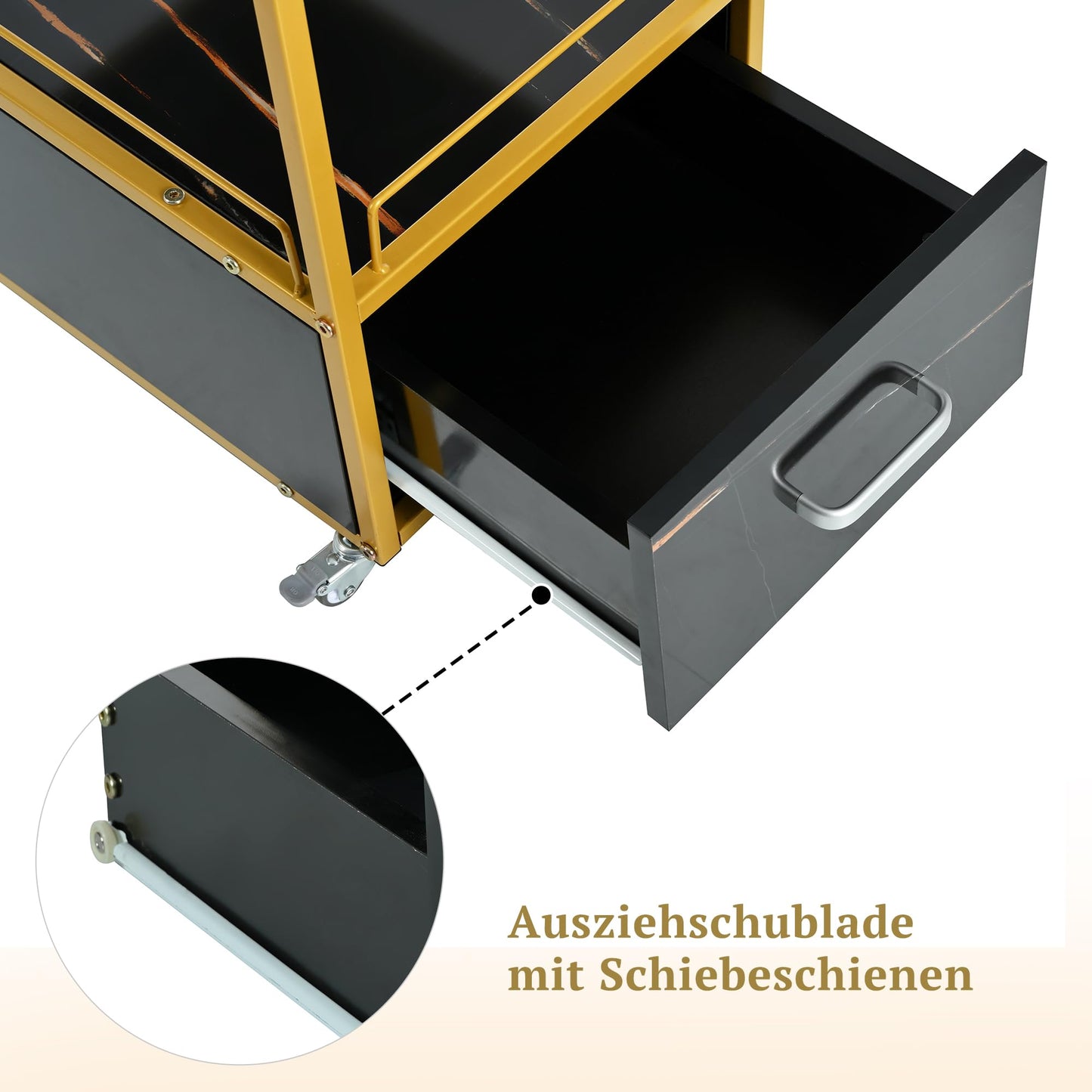 Beauty Salon Cart with Lockable Wheels 3-Tier Rolling Makeup Cart Organizer Esthetician Cart with Drawer Marbled Board for Nail Skincare and Barber Supplies Black and Gold