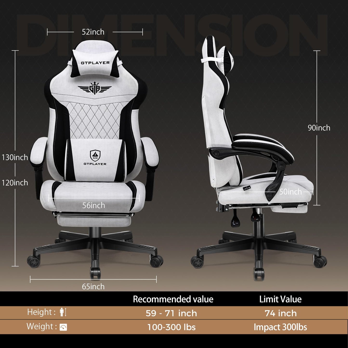GTPLAYER Gaming Chair with Footrest, Big and Tall Game Chair High Back Computer Office Chair with Lumbar Support for Adults, Ergonomic Swivel Games Chair with Cushion Gaming, Fabric Grey