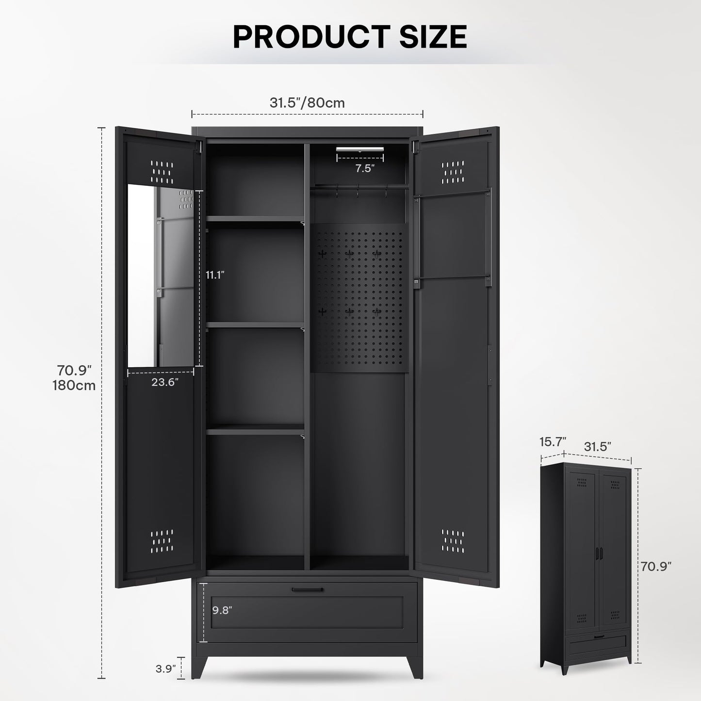 YITAHOME 71" Metal Garage Broom Cabinets with Adjustable Shelves, Vacuum Storage Cabinet with Doors and Drawer, Tool Storage Cabinet for Gym, Basement, Warehouse, Black