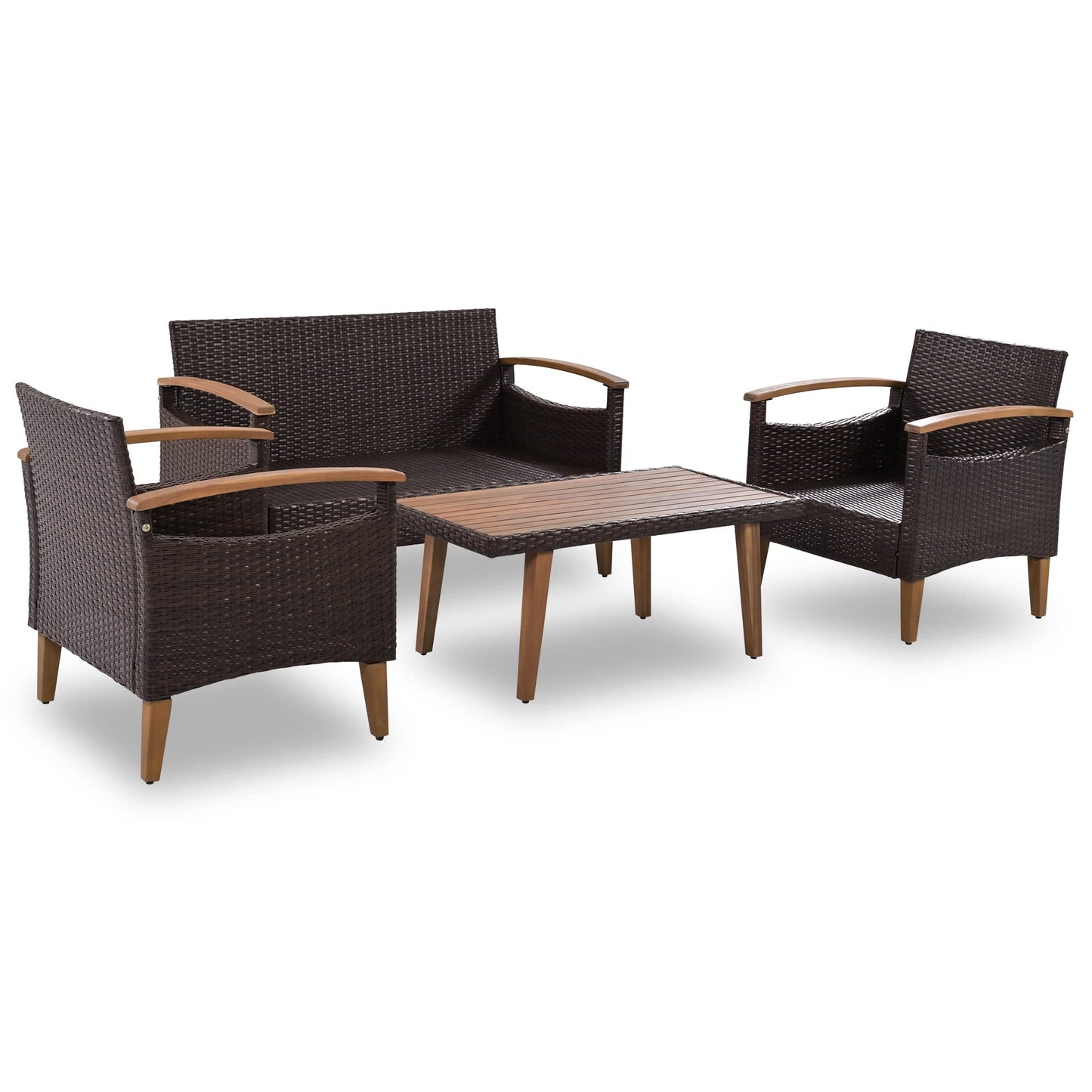 Merax Outdoor Patio Furniture Sets, Free Combination Rattan Sofa with Wood Tabletop, 9-piece, Grey
