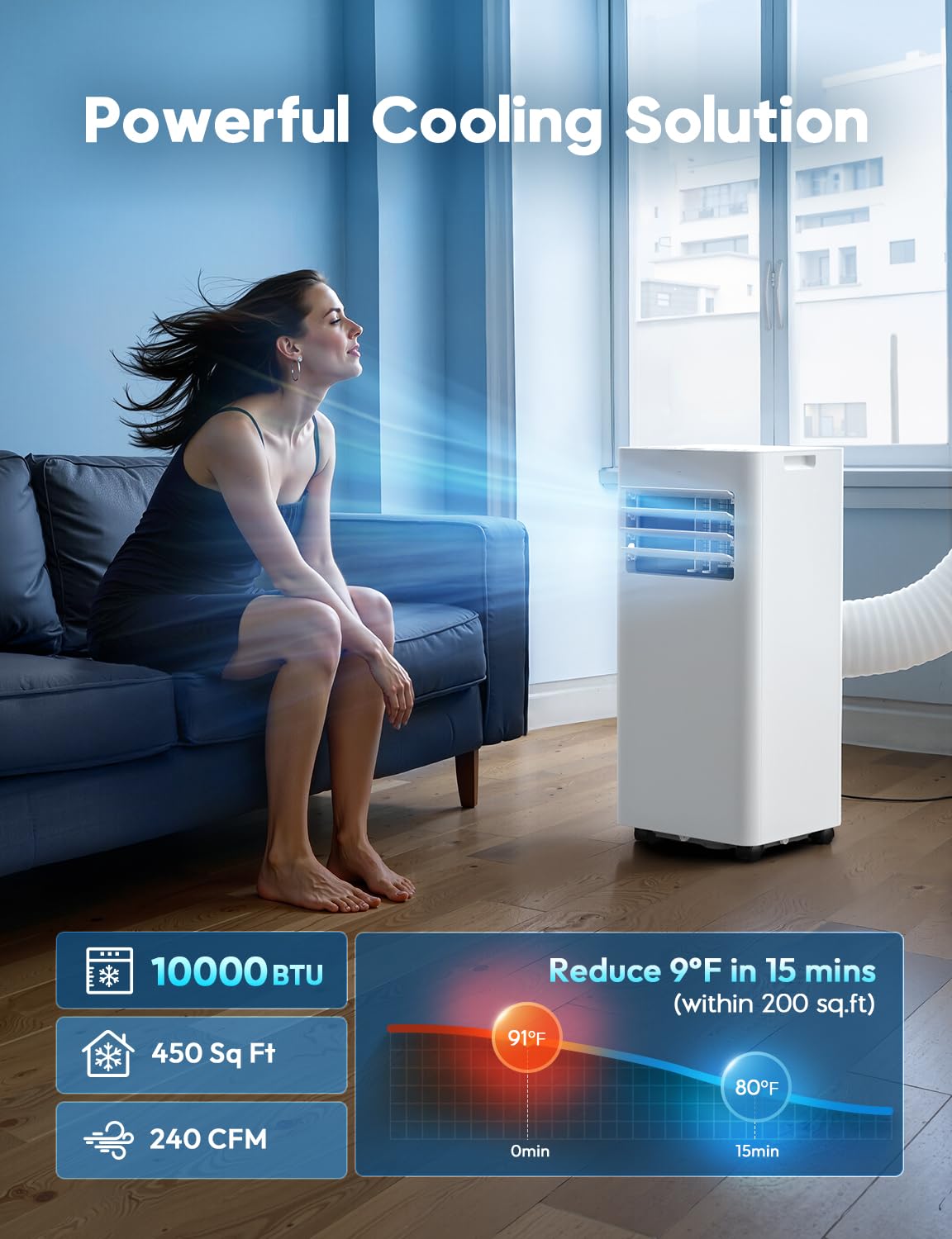 10,000 BTU Portable Air Conditioner, 3-in-1 AC Unit for 450 Sq.Ft Rooms With Cooling, Dehumidification & Fan Modes, Includes Remote Control, 24H Timer & Window Kit for Bedroom