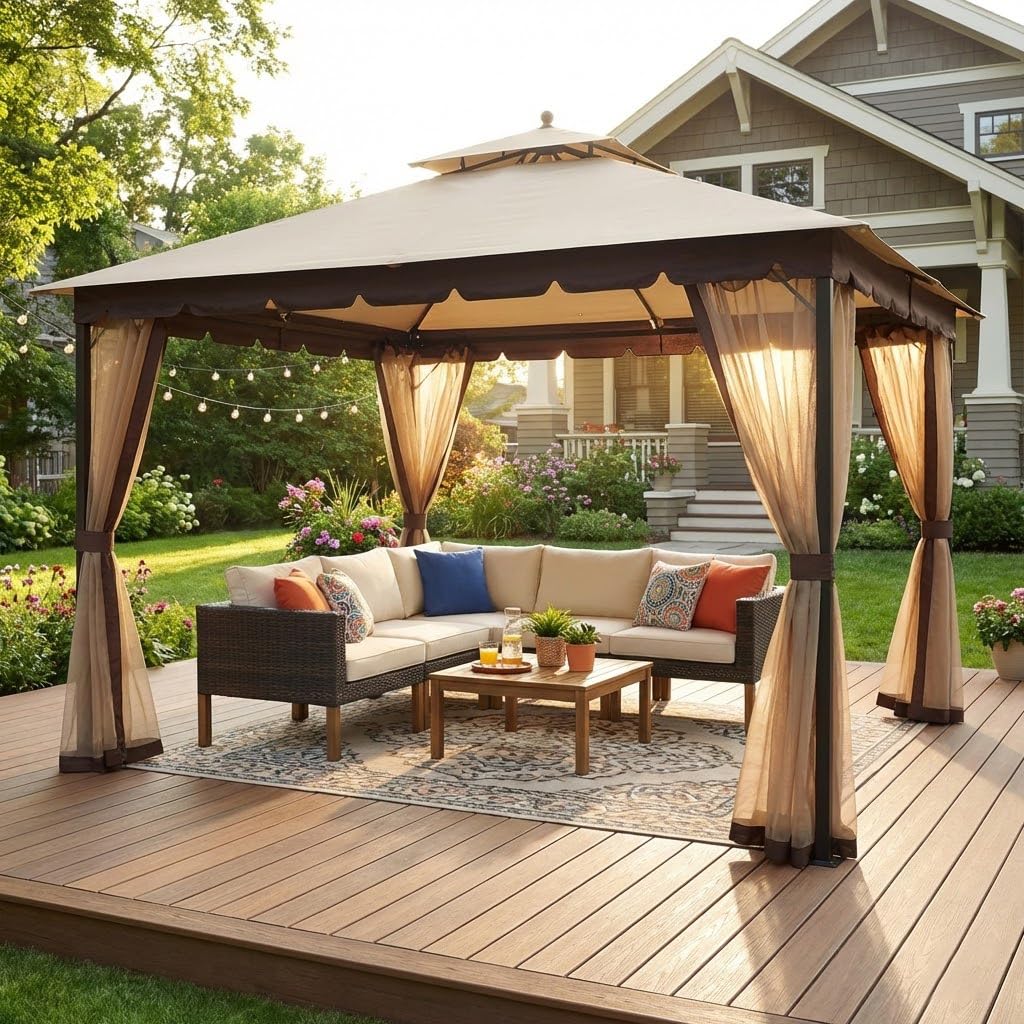 Bezseller 10x12 Outdoor Patio Gazebo with Powder-Coated Metal Frame, Stable Double-Tier Canopy with Zip Mesh Sidewalls for Backyard Dining & Entertaining, Khaki