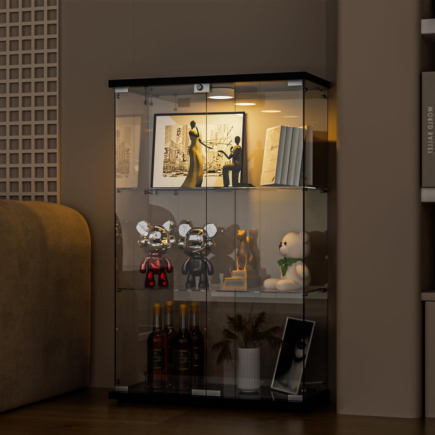 FANYUSHOW Tempered Glass Display Cabinet with LED Lights and Lock, Black, 2-Door 3-Shelf Curio Cabinet with Glass Shelves for Collectibles, Lego, Figures, Books and Wine