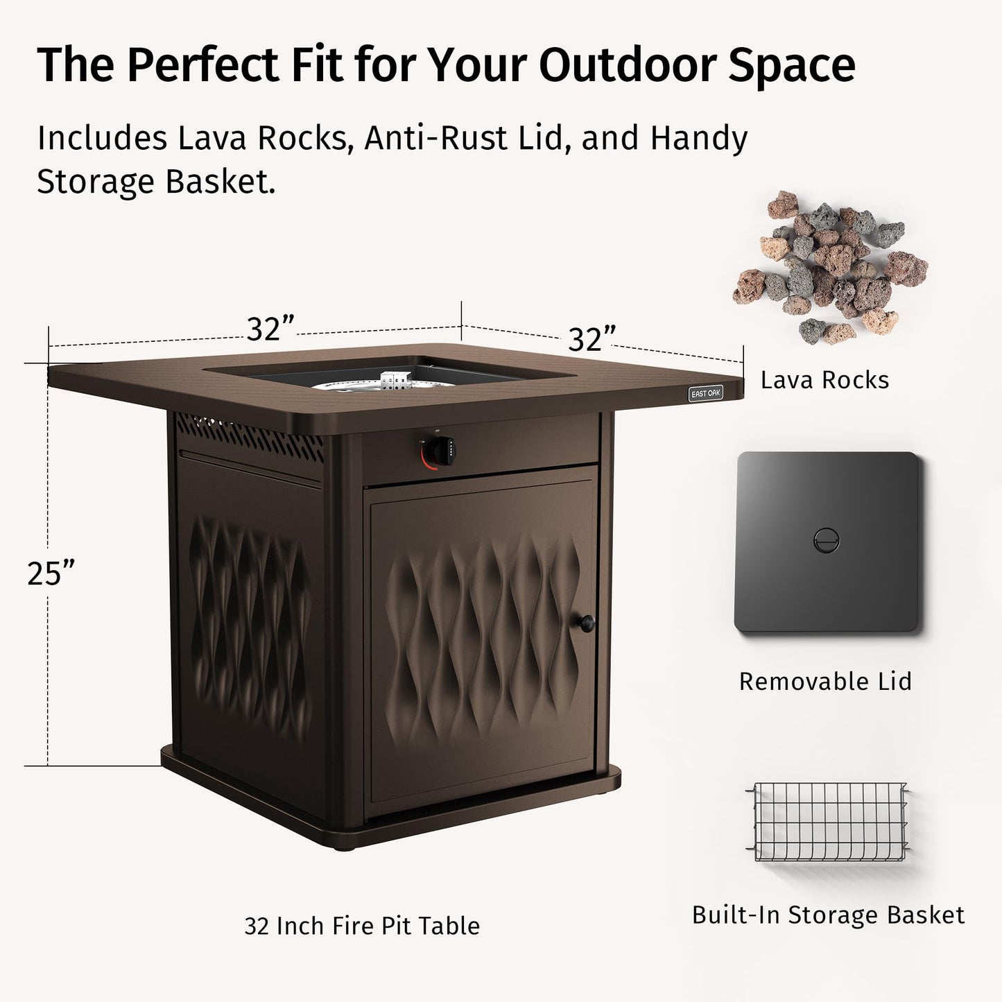 East Oak 32" Outdoor Propane Fire Pit Table | 50,000 BTU Gas Fire Pit Table for Outside with Magnetic Lid | Storage Basket & Lava Rocks | CSA Certified for Patio, Garden & Backyard | Brown