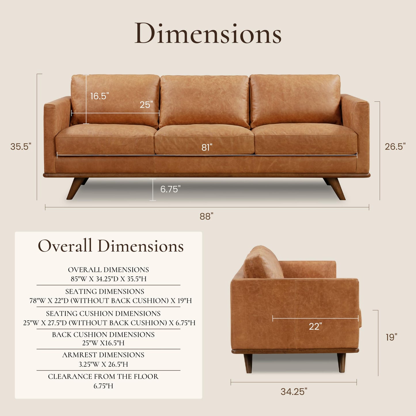 POLY & BARK Nolita 85” Leather Sofa – Full-Grain Italian Aniline Leather, Feather-Down Comfort, Solid Wood Base – Cognac Tan