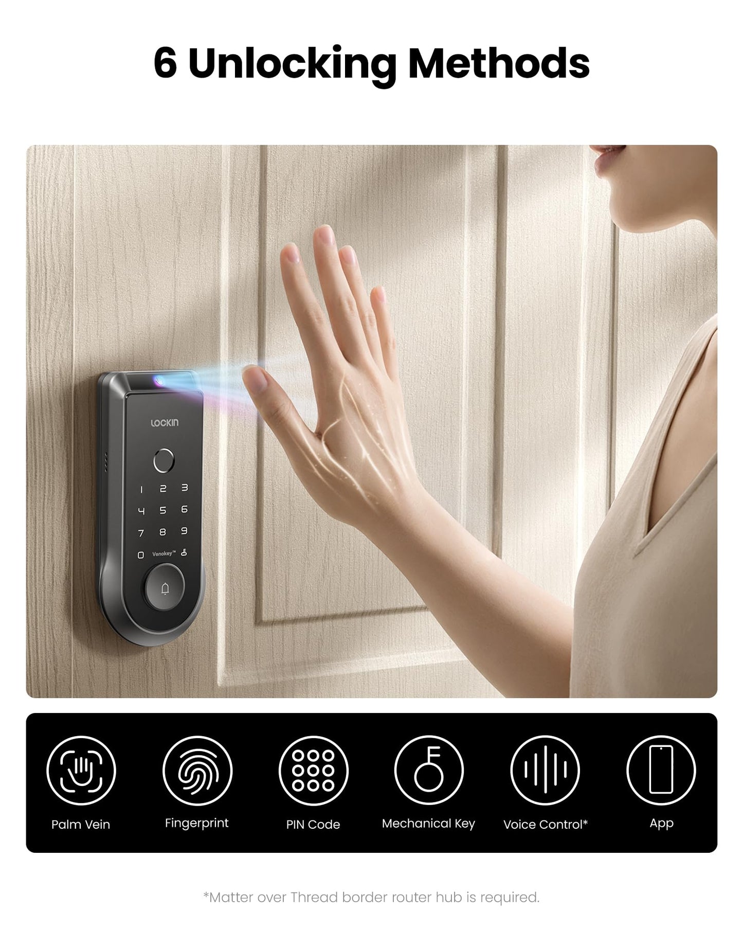 Lockin Venoris Smart Lock - Palm Vein & Fingerprint Keyless Entry Door Lock - 6 Unlock Methods - Built-in WiFi - Smart Home Compatible - No Monthly Subscription - 7-Month Battery Life