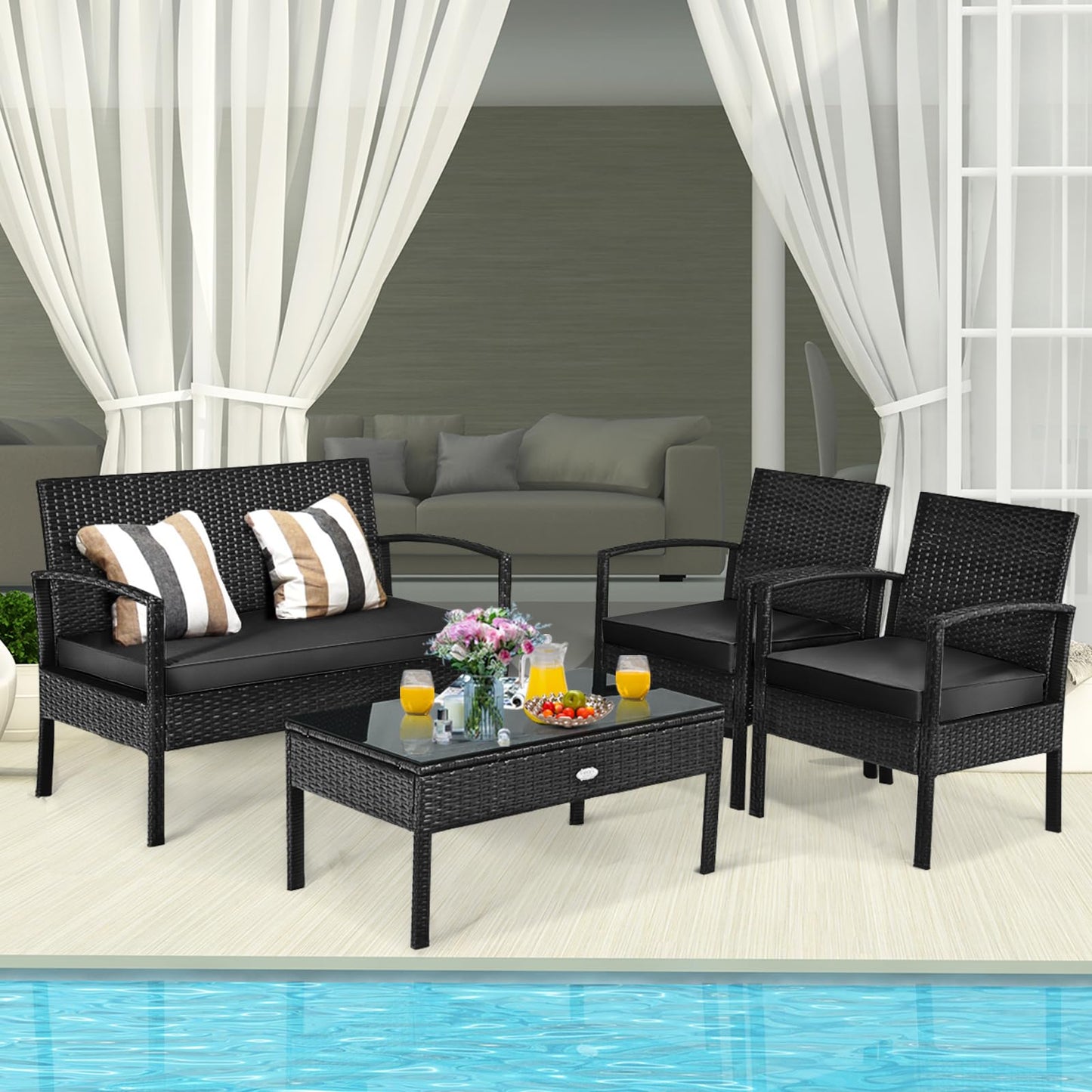 Tangkula 4 Pieces Wicker Patio Conversation Furniture Set, Outdoor Rattan Chair and Table Set, Patio Furniture Sets with Coffee Table & Washable Cushions for Courtyard Balcony Garden