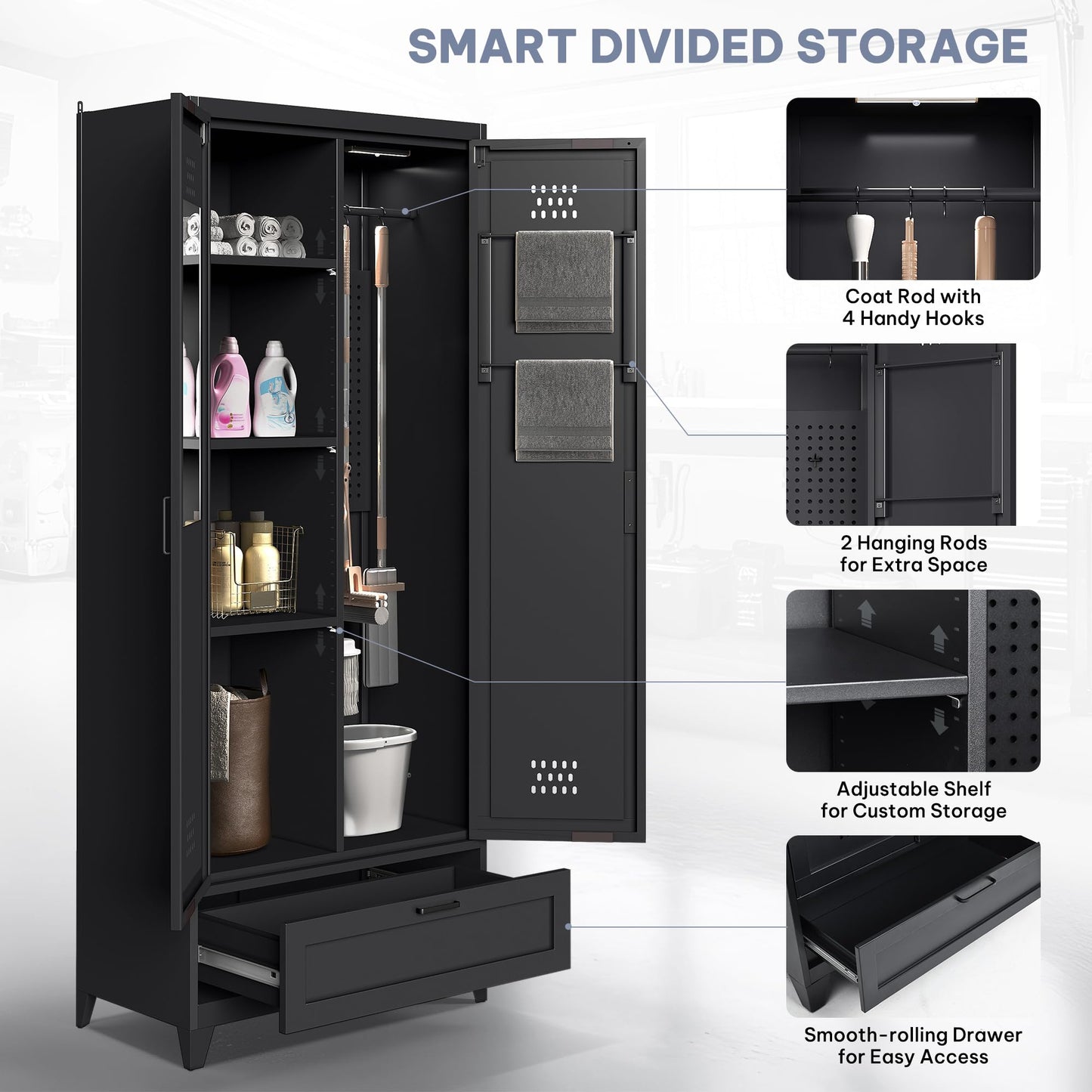 YITAHOME 71" Metal Garage Broom Cabinets with Adjustable Shelves, Vacuum Storage Cabinet with Doors and Drawer, Tool Storage Cabinet for Gym, Basement, Warehouse, Black