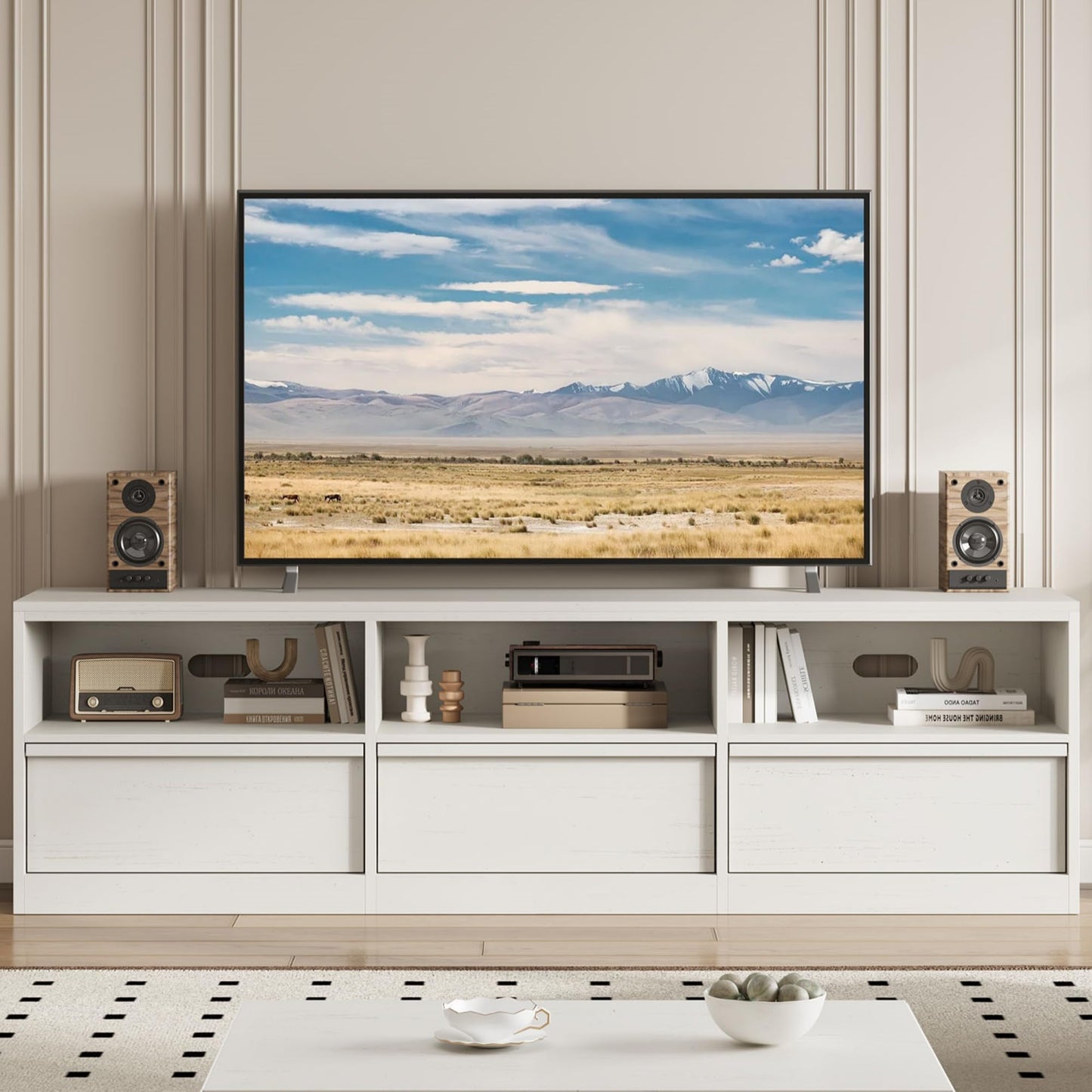 Modern TV Stand with Storage for TVs Up to 85", 70 inch Media Console with Drawer & Open Shelves, Mid Century Entertainment Center for Living Room, White