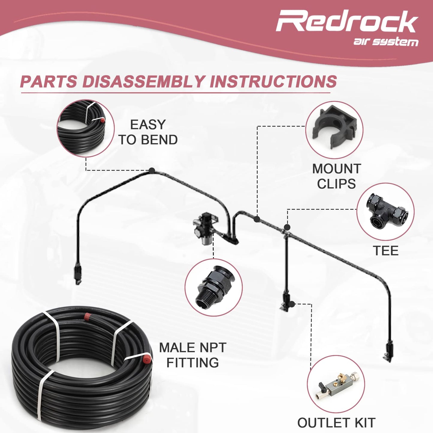Redrock Performance Compressed Shop Air Line Kit 1/2" x 200ft, HDPE Aluminum Tubing Air Compressor Piping System for Garage Leak Proof & Easy to Install Black Air Hose 200PSI