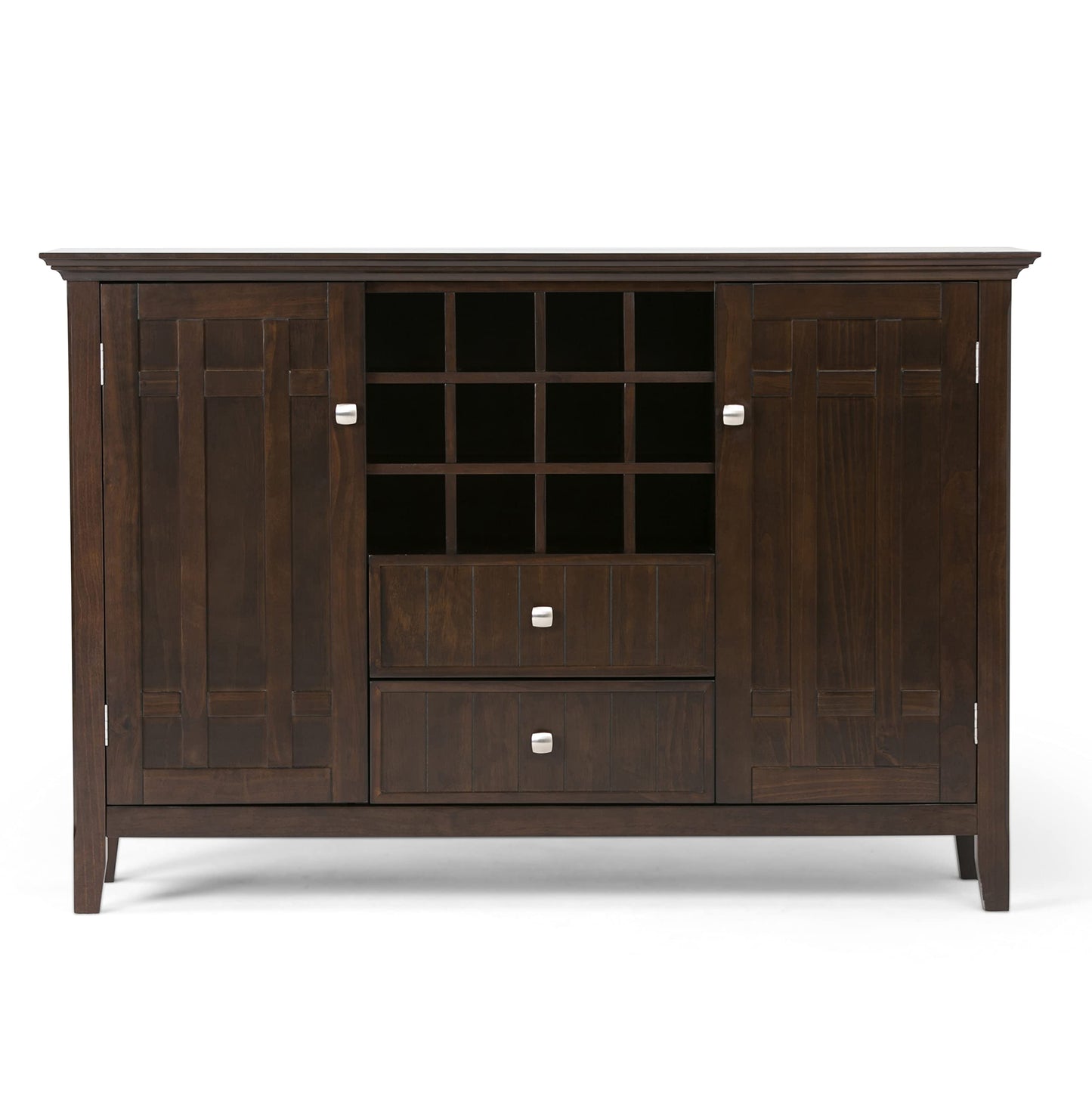 SIMPLIHOME Bedford Buffet - 54 inch Wide Solid Wood 3-Door Sideboard Buffet with Wine Rack in Brunette Brown, Transitional Cabinet for Dining Room or Kitchen with Adjustable Shelves