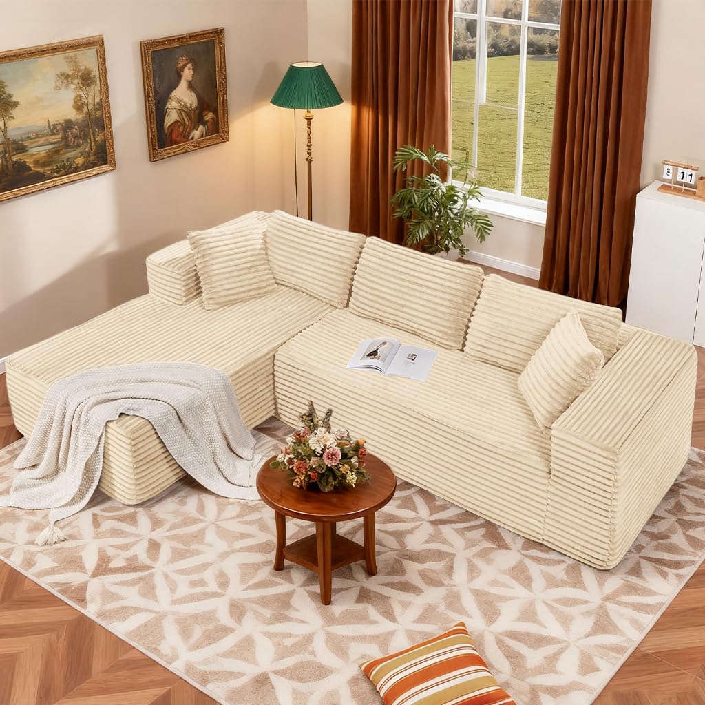 COMHOMA 105”Modular Sectional Sofa with Deep Seat,Cloud Upholstered L-Shape Couch Wide Arms Corduroy Fabric High-Density Foam Chaise Lounge for Living Room No Assembly Required,Beige
