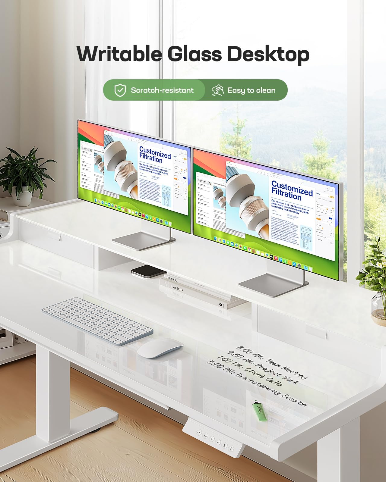 Marsail 48x24 inch Glass Standing Desk with Drawers, Computer Desk with Monitor Stand, Home Office Adjustable Table with Drawers, 4 Preset Heights, Stand up Table for Home, Office, White