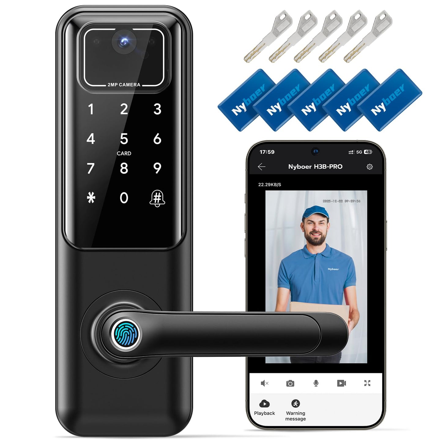 WiFi Video Smart Door Lock with Camera & Doorbell, Keyless Entry Fingerprint Lock with Handle for Front Door, Nyboer Keypad Electronic Digital with Rechargeable Lithium Battery, Easy Installation